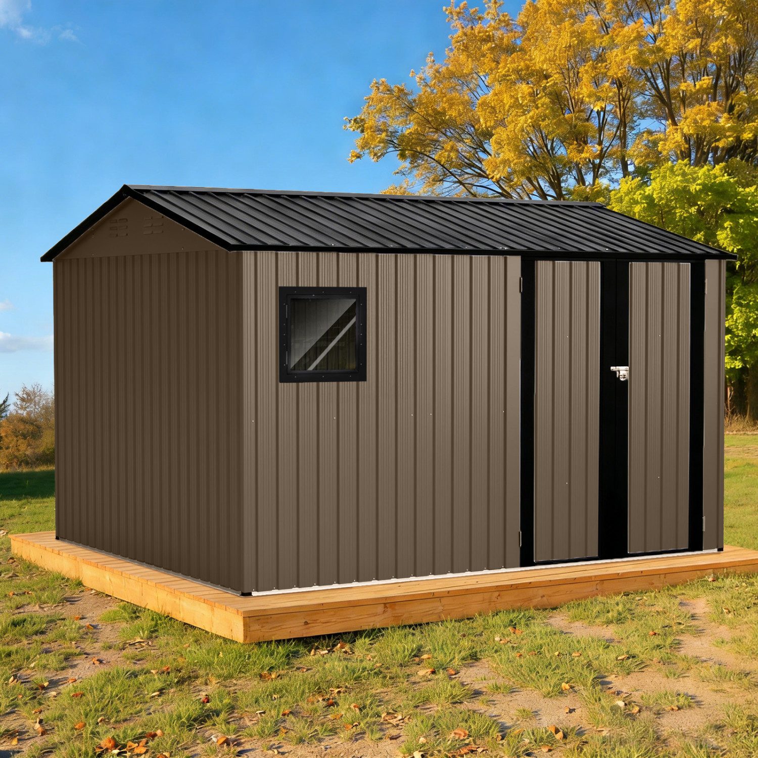 HOMAVO Gerätehaus mit Pultdach, Gartenhaus Metall mit Fundament, mehrere Größen zur Auswahl, mit Belüftungsöffnungen