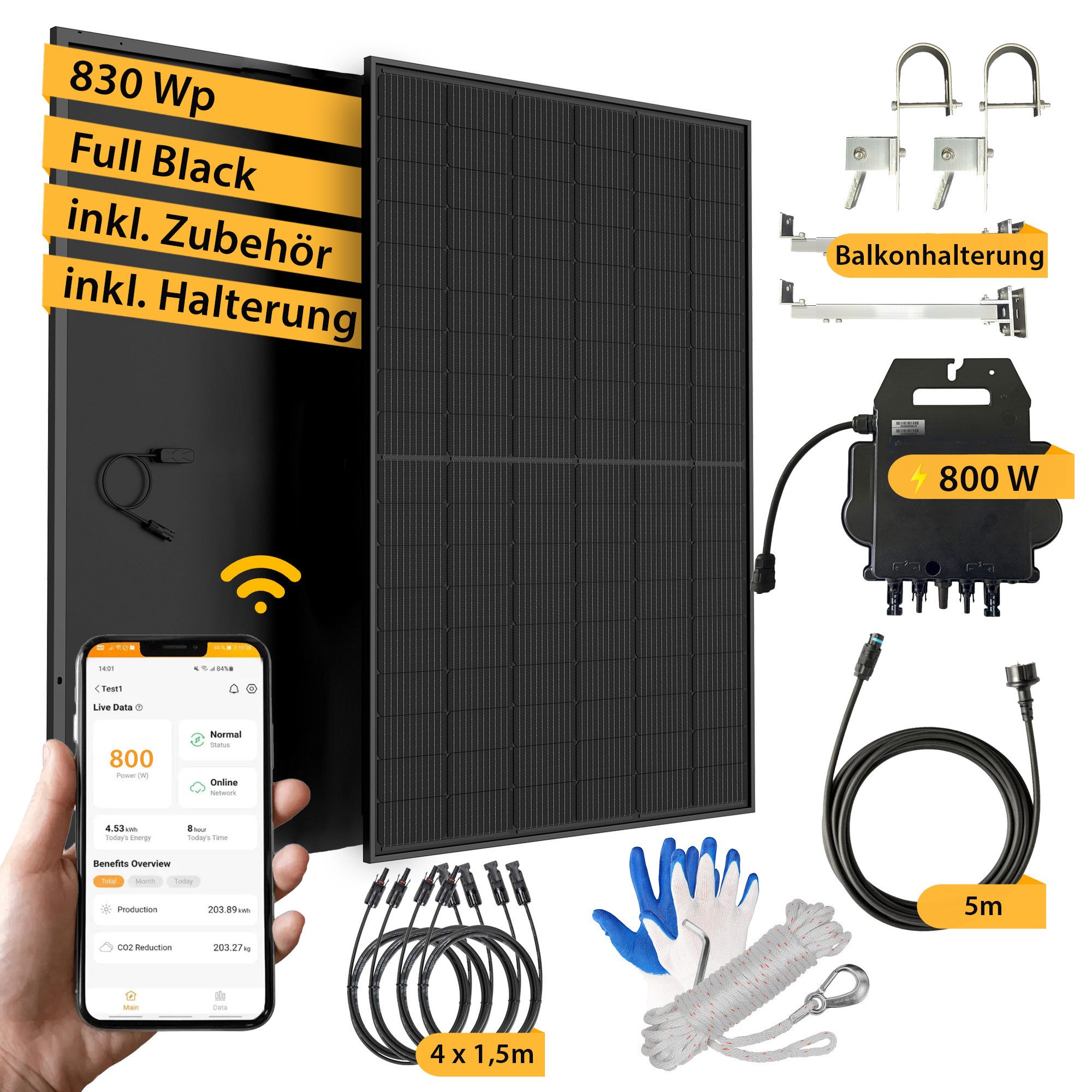 VALE Balkonkraftwerk All-in-One Solaranlage für private Energieerzeugung, Wifi & Bluetooth, 830,00 W, PERC, (Photovoltaik Set inkl. Balkonhalterung), Komplettset, Solarmodul, Plug & Play, App-Steuerung, 800W, 830Wp