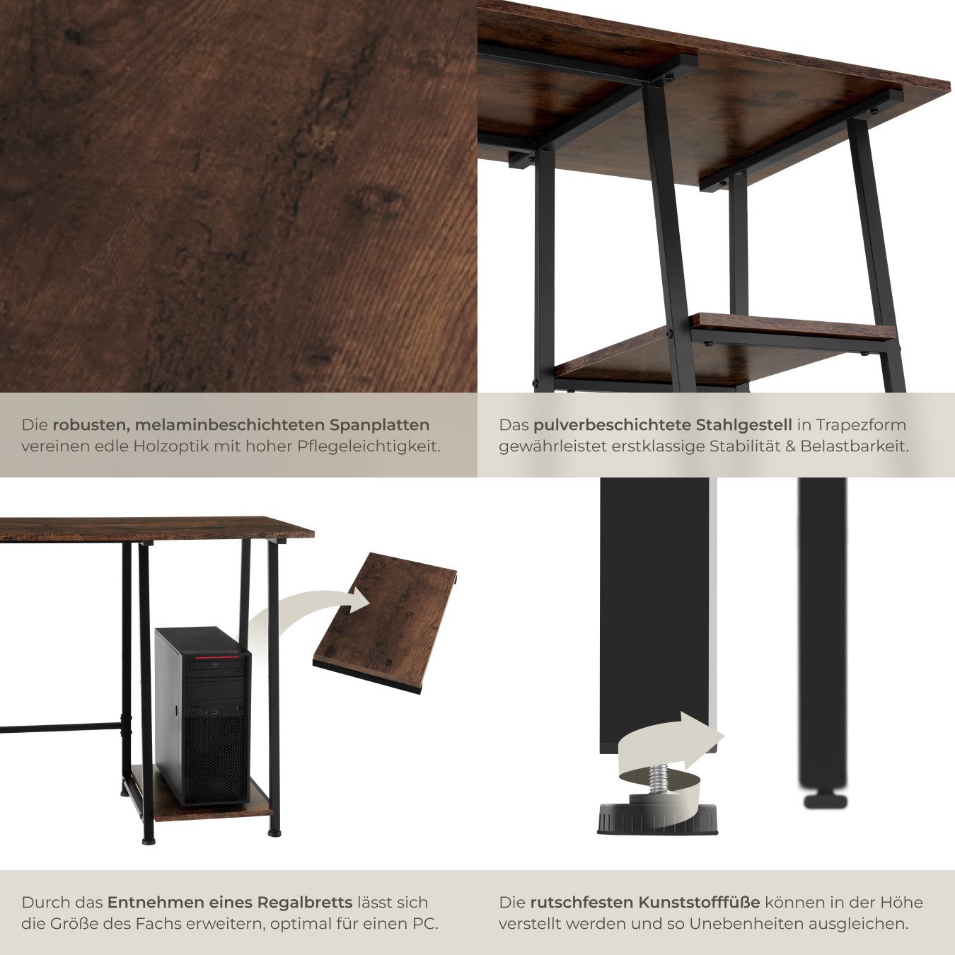 tectake Schreibtisch Bürotisch mit höhenverstellbaren Kunststofffüßen, 120 x 50 x 73,5 cm (Arbeitstisch Paisley, 1-St., in Industrial Holz dunkel, rustikal), Ho – Bild 4 von 5
