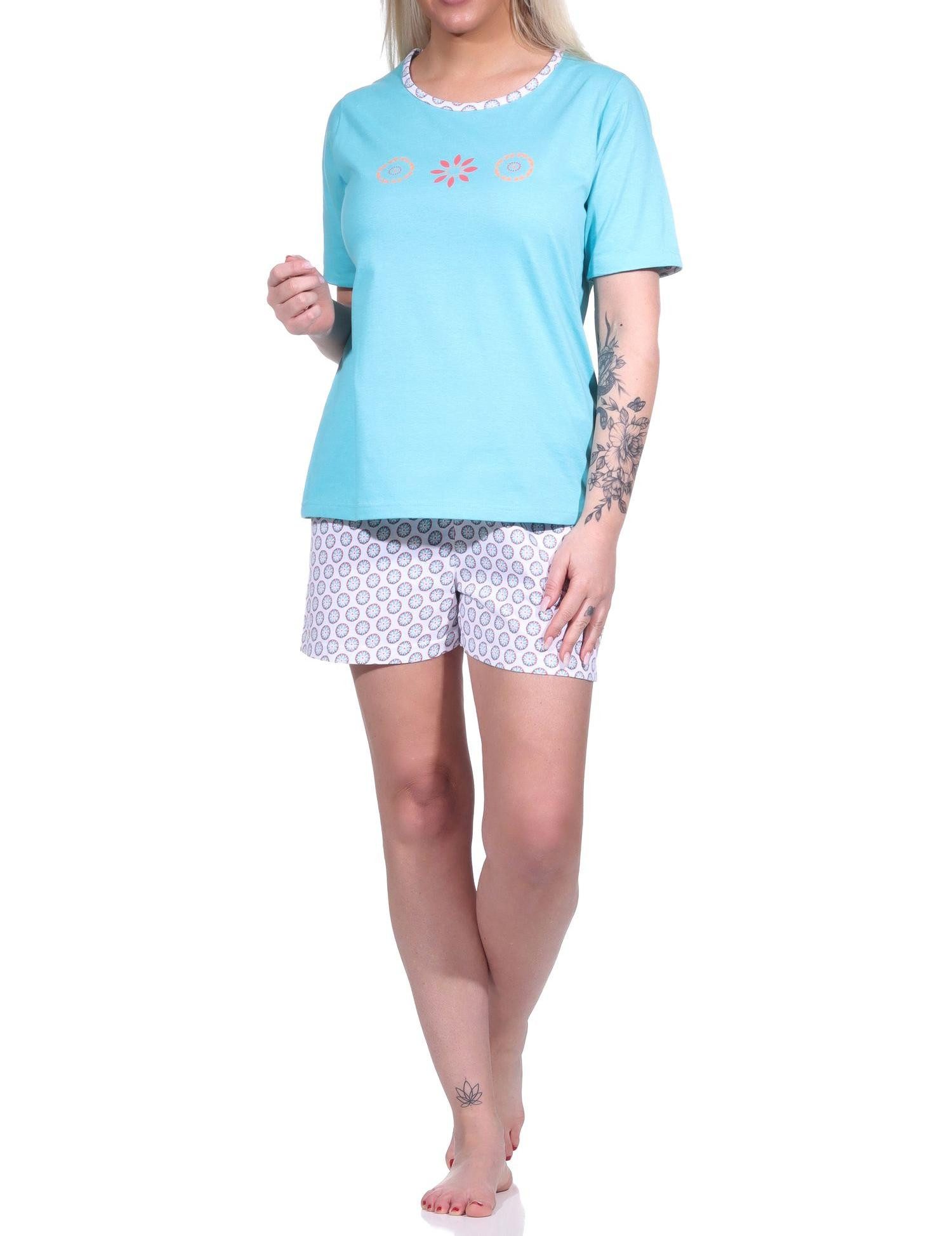 Pyjama Damen Shorty kurzarm, Schlafanzug mit Rundhals und Blümchen-Muster