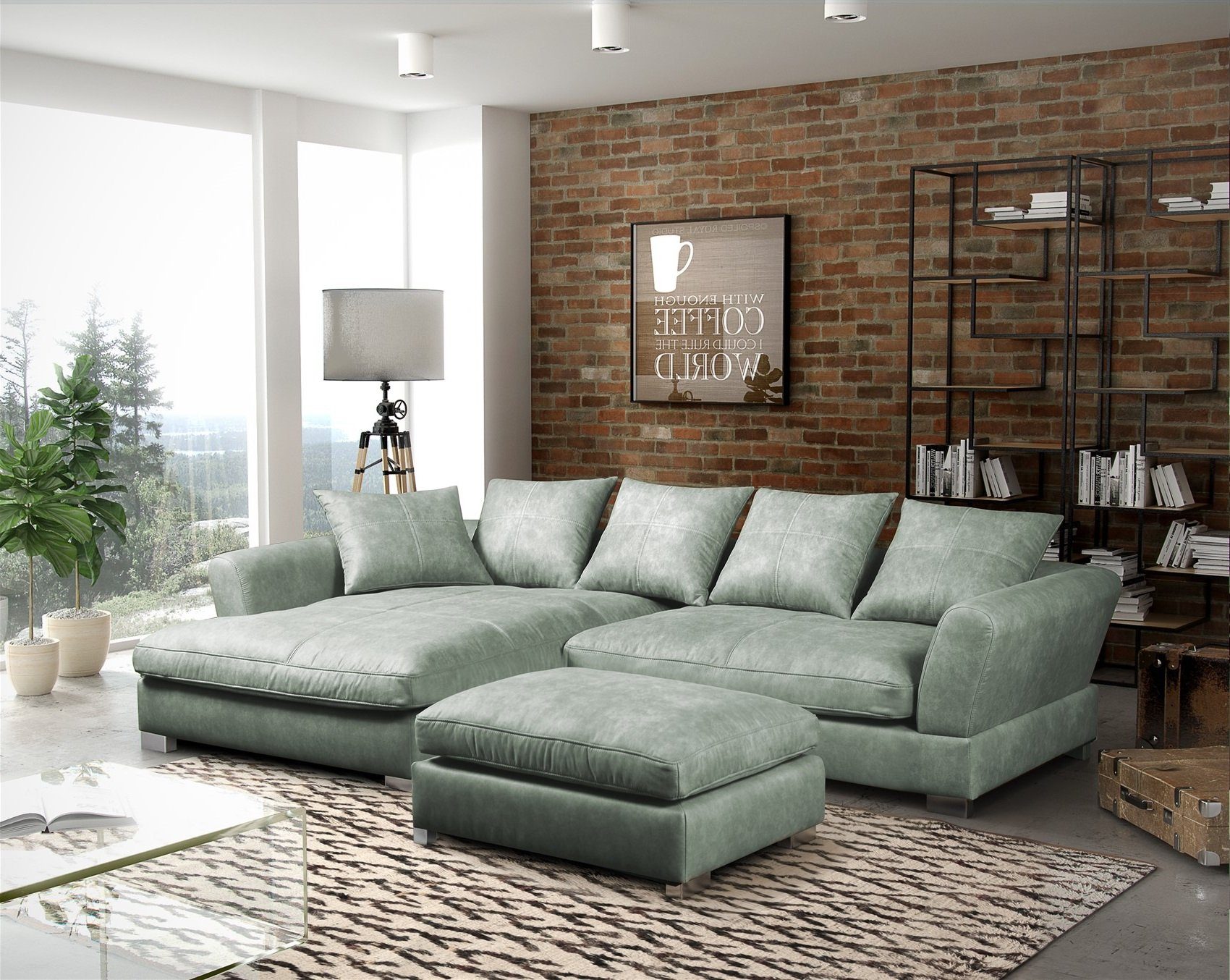 Fun Möbel Ecksofa Couchgarnitur inkl. Hocker TIZIAN Preston Hellgrau Ottomane, N/A 1 Teile