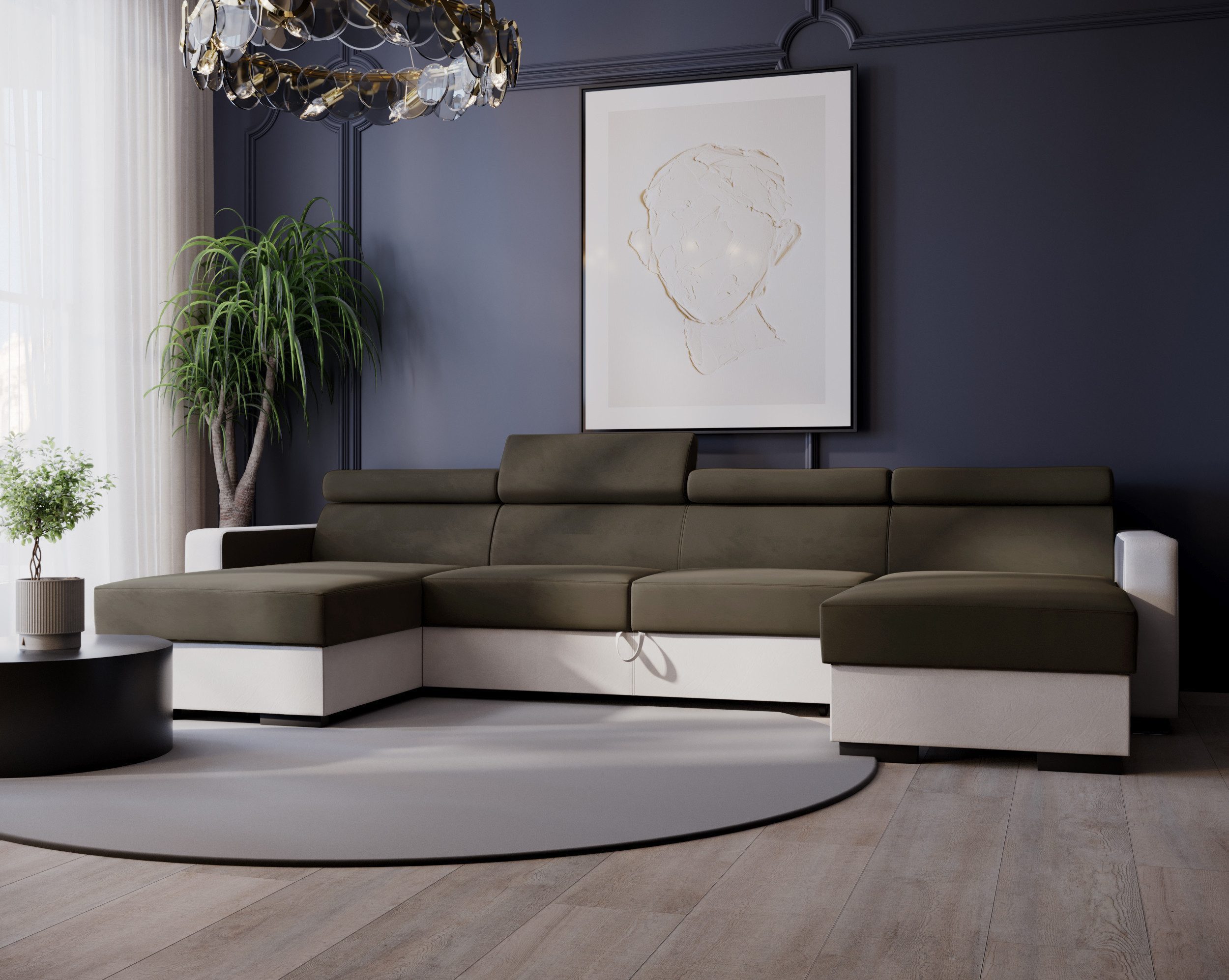 Goldstoff Ecksofa mit Schlaffunktion und Bettkasten - DIWIA U Wohnzimmer Sofa - Eckcouch, 4 verstellbare Kopfstützen