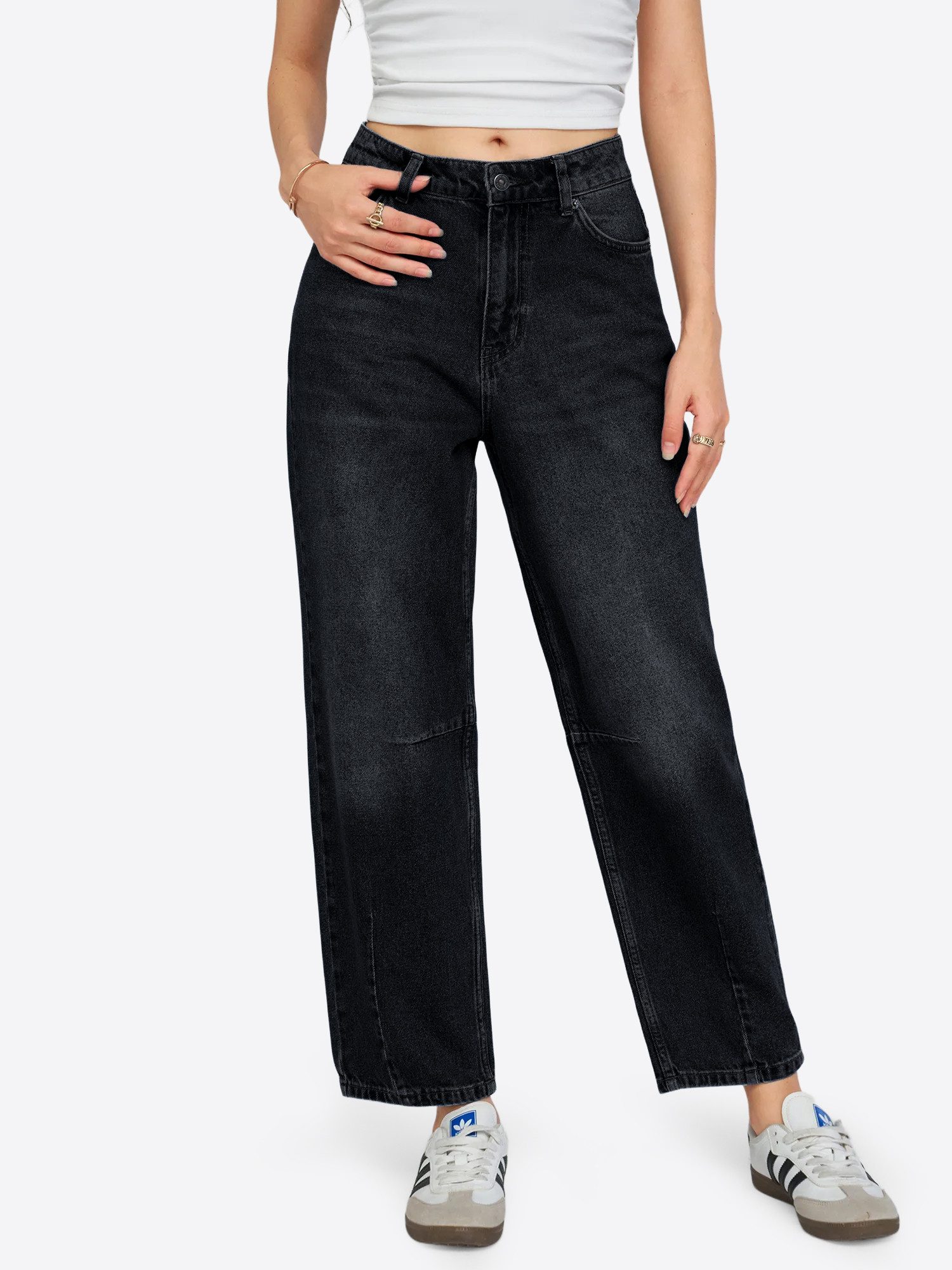 Relax-fit-Jeans Damen Loose-fit-Jeans mit Waschungseffekt in 7/8-Länge