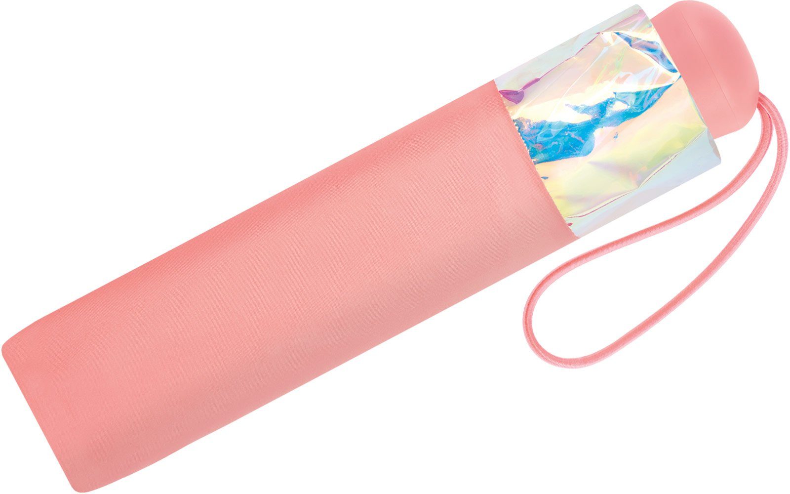 Esprit Taschenregenschirm mit Handöffner lachs leicht sehr und Borte klein, Shiny Damen-Schirm Border, schimmernder Mini