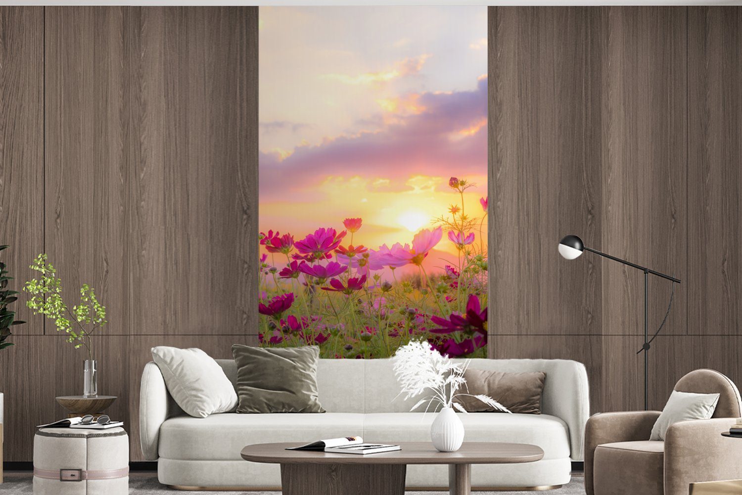 - Wiese - Horizont, - Küche, St), Vliestapete bedruckt, Natur (2 Wohnzimmer - für - Sonnenuntergang Fototapete Blumen Schlafzimmer MuchoWow Matt, Fototapete Rosa