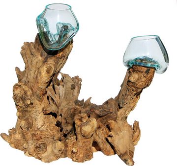 Wogeka Dekovase Doppel Glas-Vase Ø Glas 10-11 cm auf Wurzel-Holz Gamal Teakholz