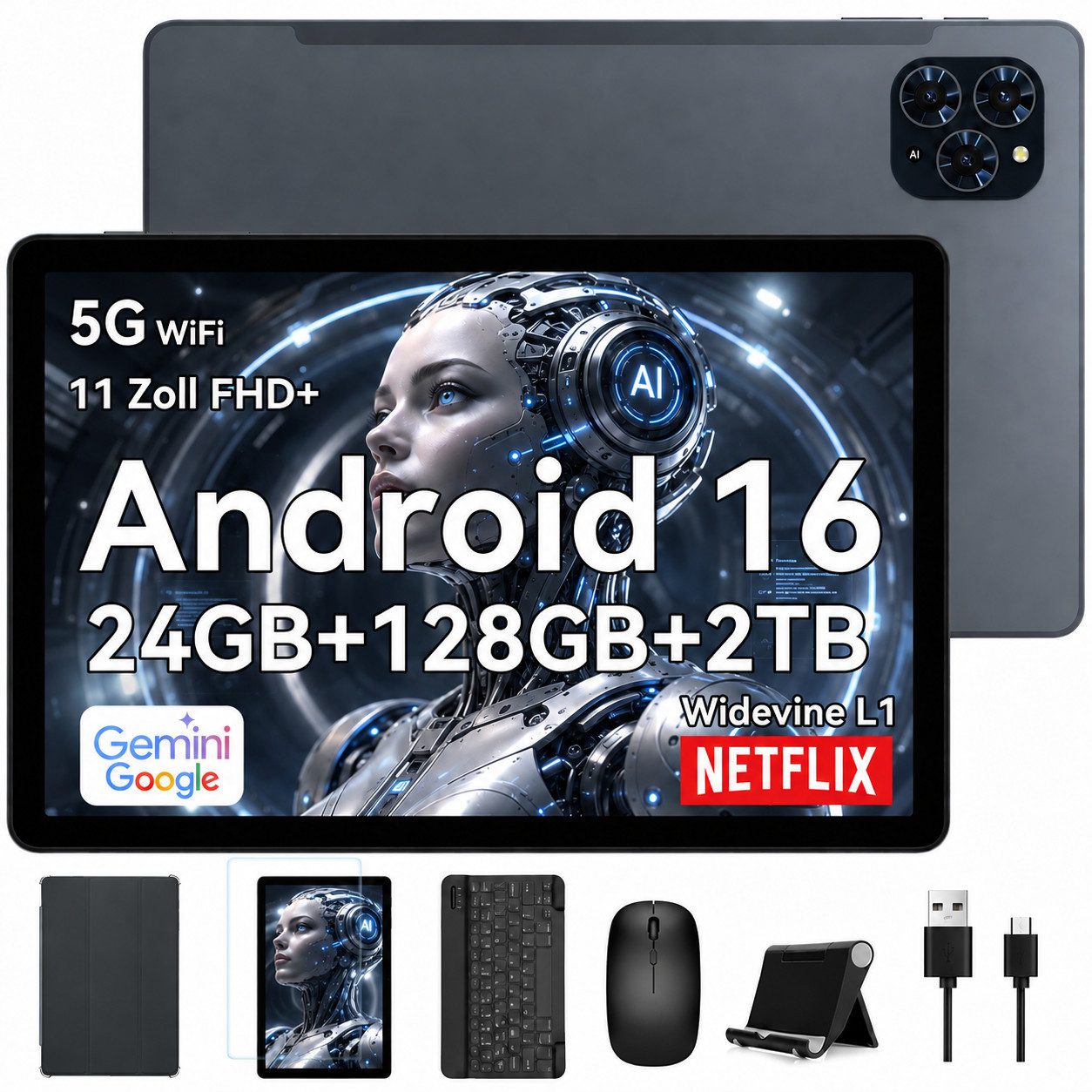 TABWEE 11" FHD Android 16 Widevine L1 mit Tastatur, Maus, Stift, Hülle Tablet (11", 128 GB, Android16, 24GB(8+16GB) RAM, Gesichtsentsperrung, 8000mAh, 13MP, WiFi, Gemini AI)