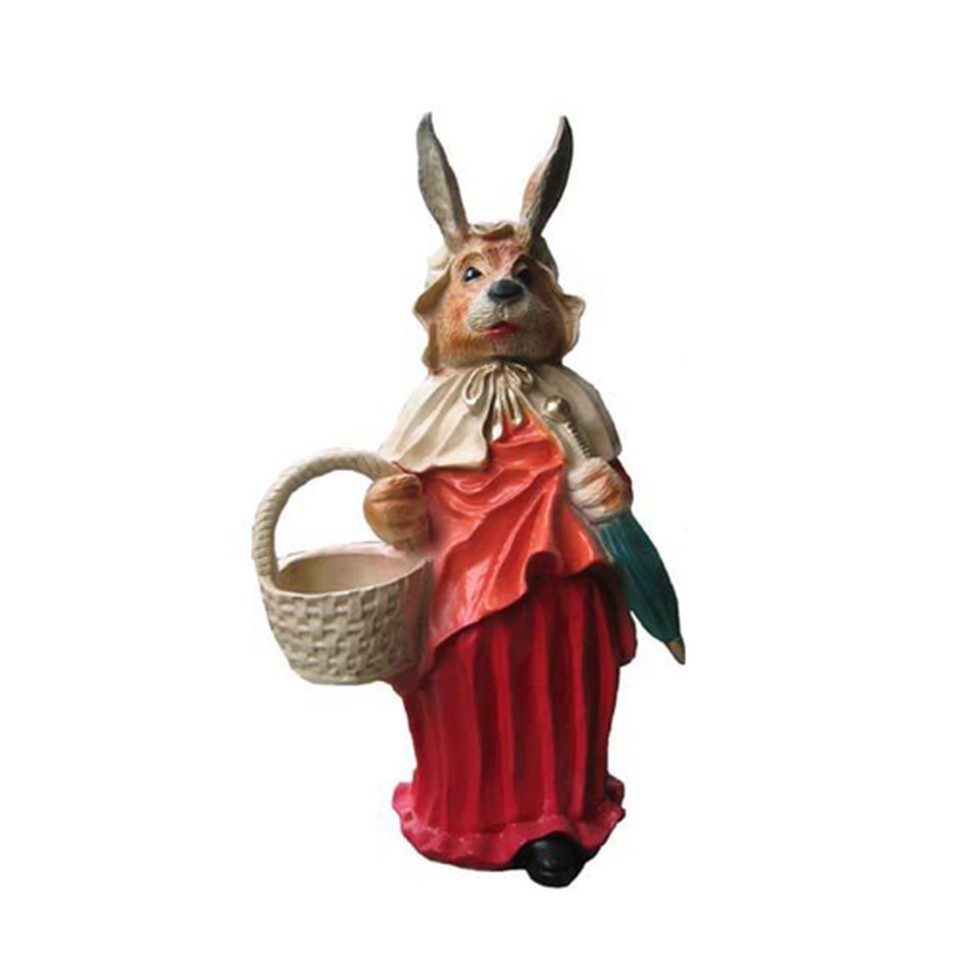 Xlmoebel Skulptur Wolf Rotkäppchen Figur mit Osterhasen Kleid 71cm Garten Statue, Made in Europa