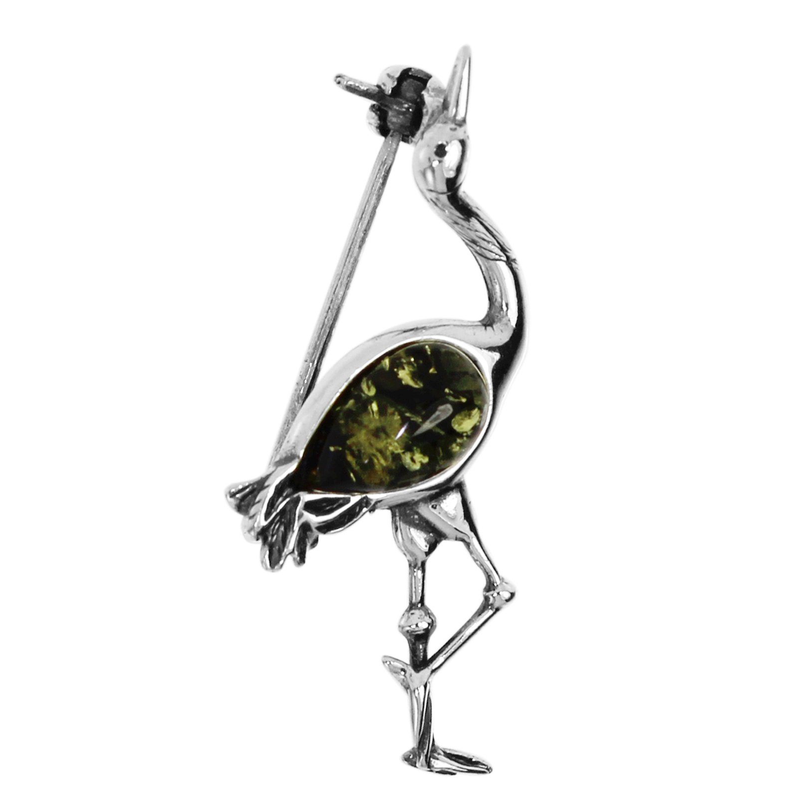 OSTSEE-SCHMUCK Brosche - Kranich - Silber 925/000 - Bernstein (1-tlg)