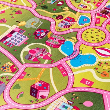 Kinderteppich Kinderteppich Spiel Teppich Kinderzimmerteppich Straße Rosa Grün, Mazovia, 80 x 150 cm, Fußbodenheizung, Allergiker geeignet, Rutschfest