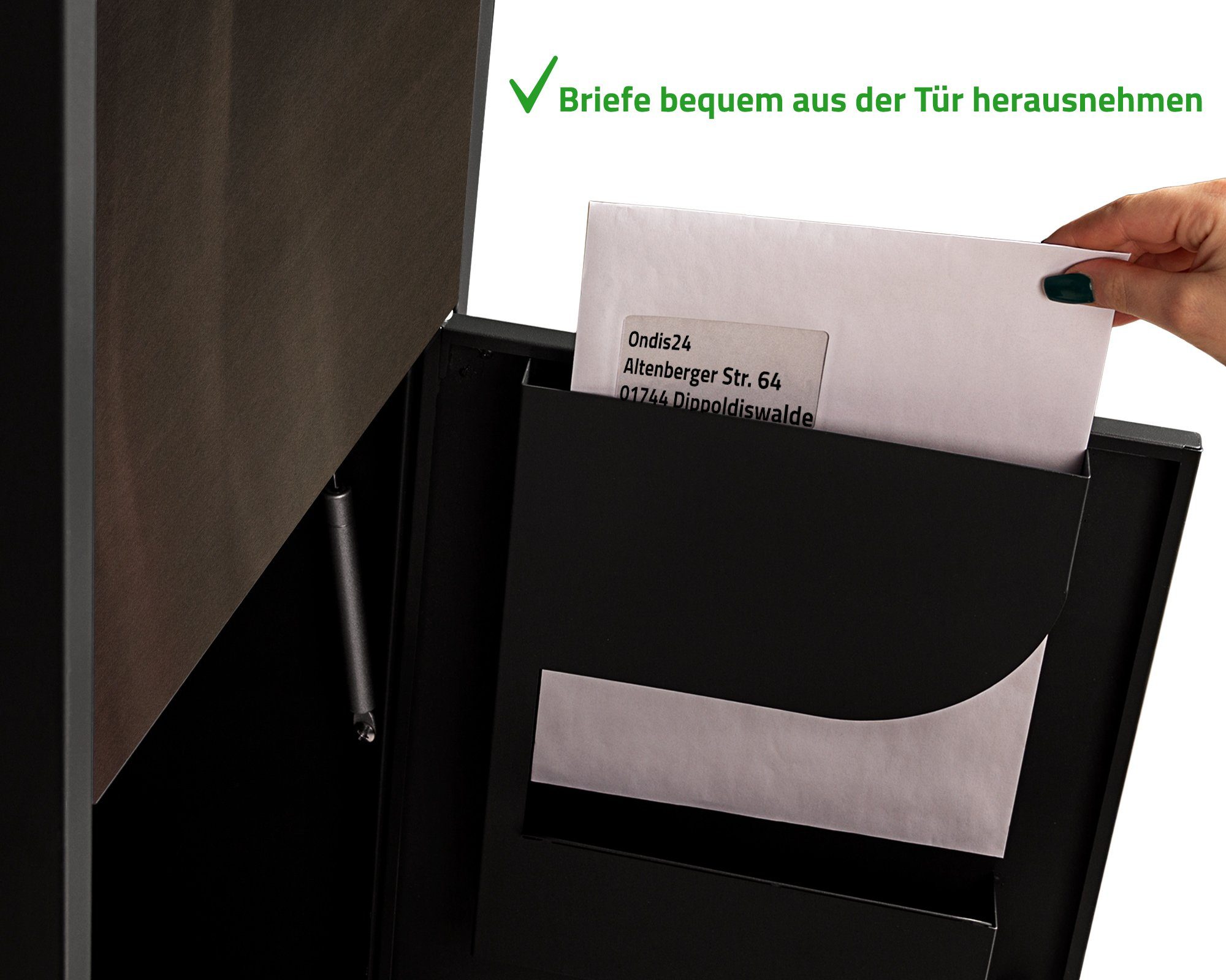 ONDIS24 Paketbox Postbox Briefkasten für Pakete, mit Warensendungen Päckchen, rostfrei, Edelstahl, mit Paketsafe, pulverbeschichtet, Edelstahlfront Briefe Gasdruckfedern und galvanisiert