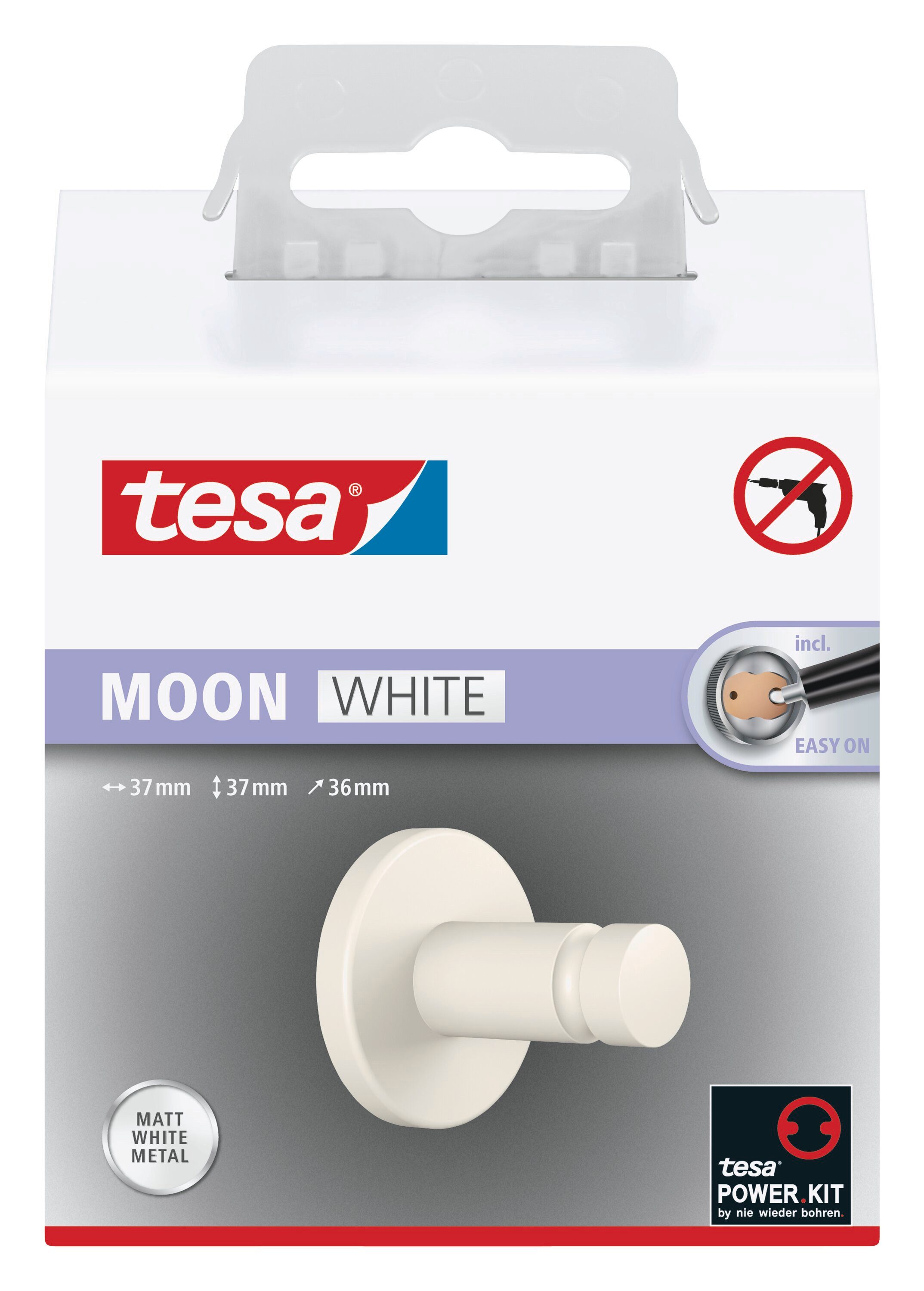 tesa Гачок для рушника MOON Гачок для рушника ohne Bohren - 3,7 cm : 3,7 cm : 3,6 cm, Badezimmer, Gäste-WC, Wandmontage, (Packung, 1-St., inkl. Klebelösung), selbstklebende Сушки для рушниківung - weiß