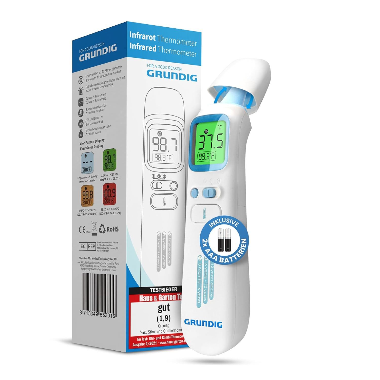 Grundig Fieberthermometer Fieberthermometer kontaktlos TESTSIEGER mit Batterien
