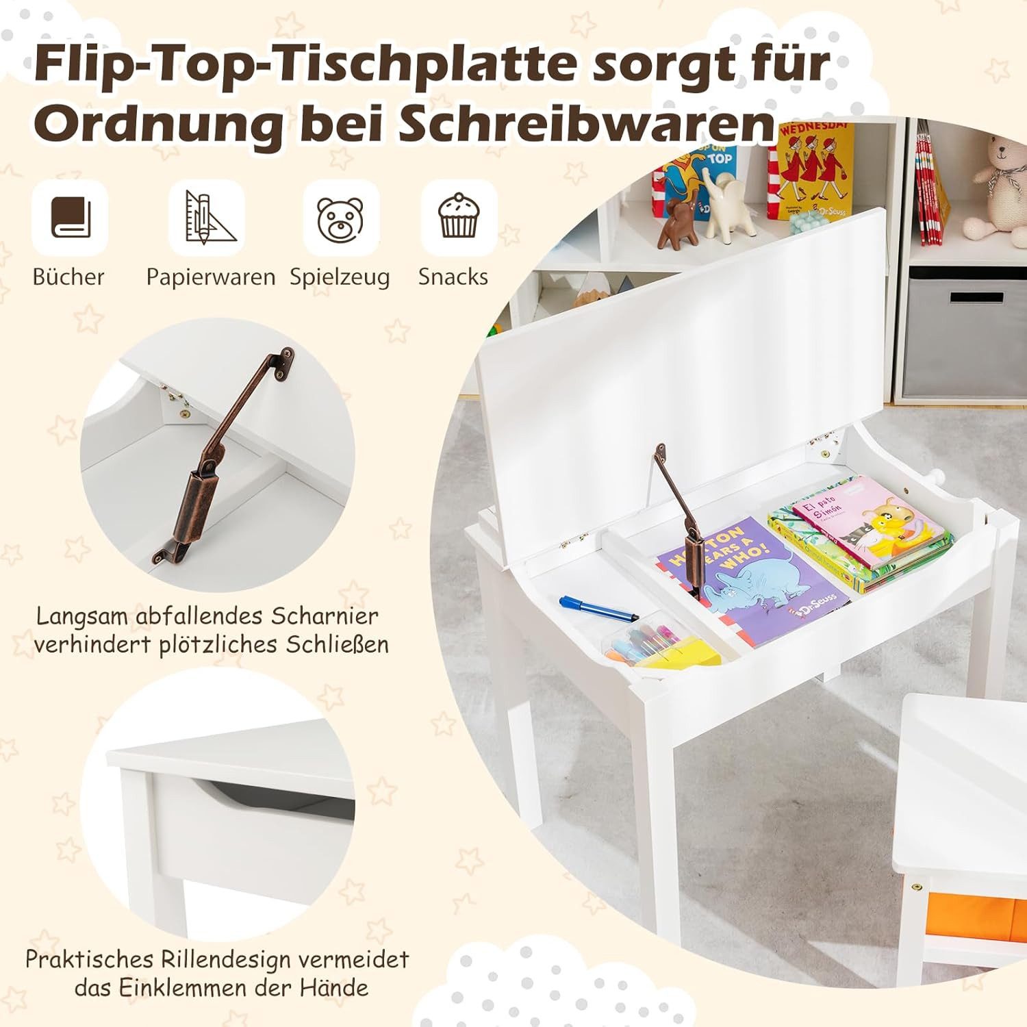 KOMFOTTEU Kindertisch, mit Stuhl, aufklappbarer Tischplatte & Sicherheitsgelenk & Haken