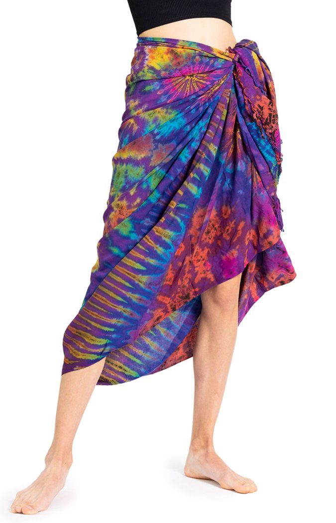 PANASIAM Pareo Sarong TieDye Design aus leichter Viskose Strandtuch Wrap, Strandkleid Bikini Cover-up Tuch für den Strand Schultertuch Halstuch lila bunt