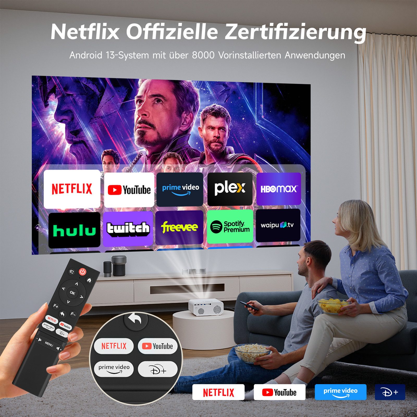 ZOOMCAT 2026 Neuer Smart Beamer 4K Heimkino mit Offiziell Netflix (Autofokus) Beamer (3840x2160 px, 700 ANSI,Auto Fokus, Auto Trapezkorrektur, Auto Hindernisvermeidung) weiß