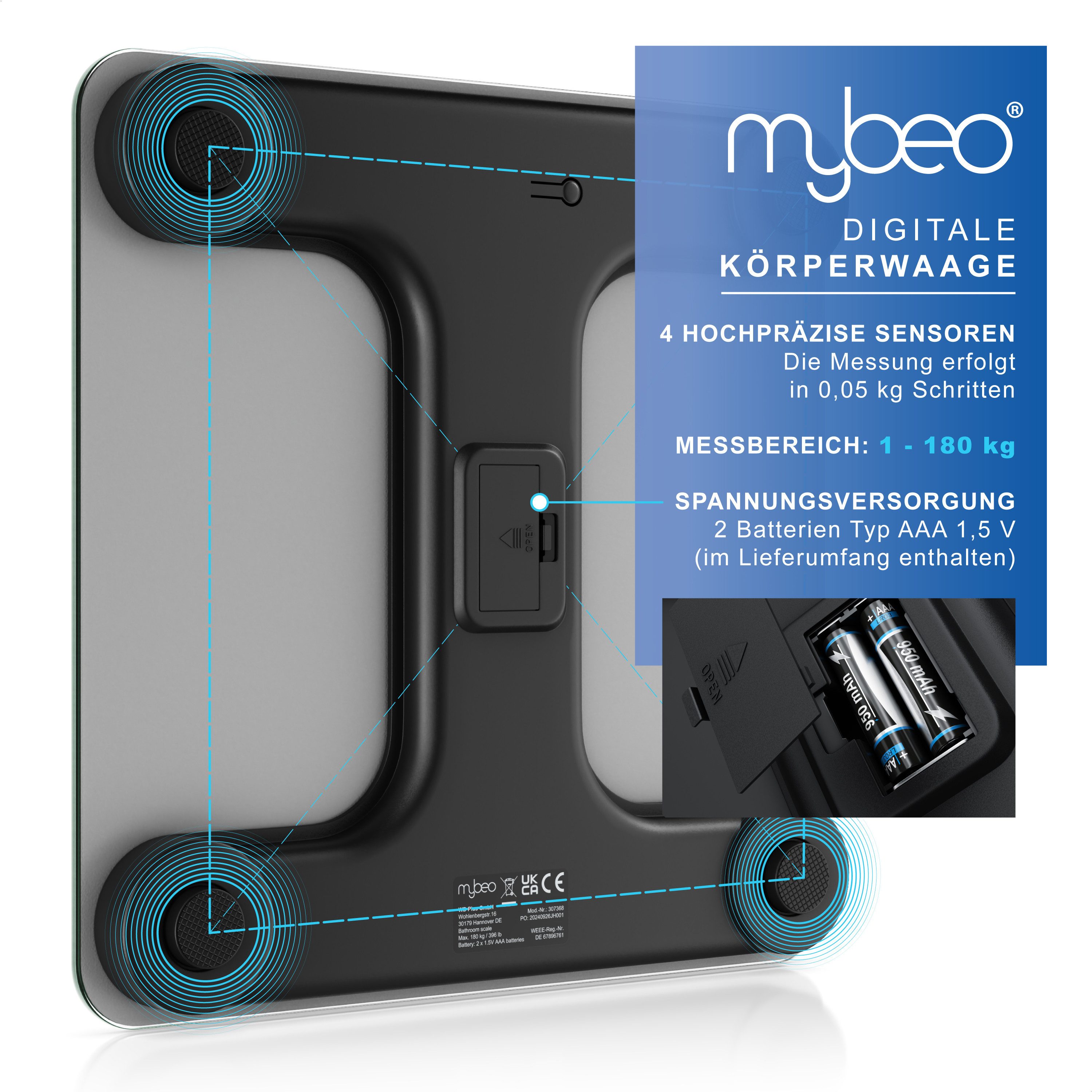 MyBeo Personenwaage digitale Waage für Personen, große Trittfläche aus 6mm Sicherheitsglas, 1-tlg., Badezimmer Digitalwaage, schmales Design, max. Belastung über 150 kg