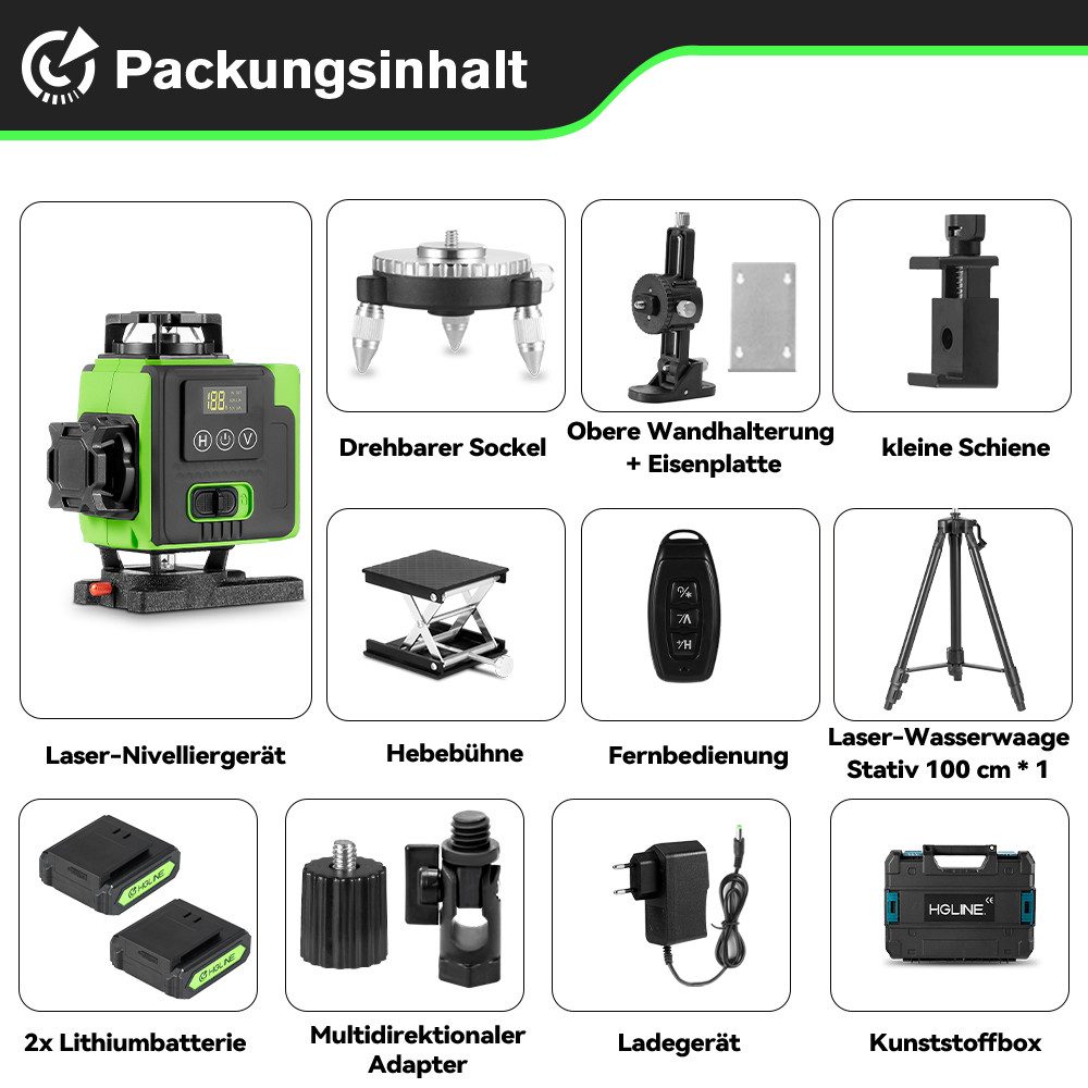 HGLINE Laserwasserwaage 4D 16 Linien Lasernivellier, 360° selbstnivellierender Laser Level, mit Stativ und 2x4800mAh Akkus – Bild 2 von 5