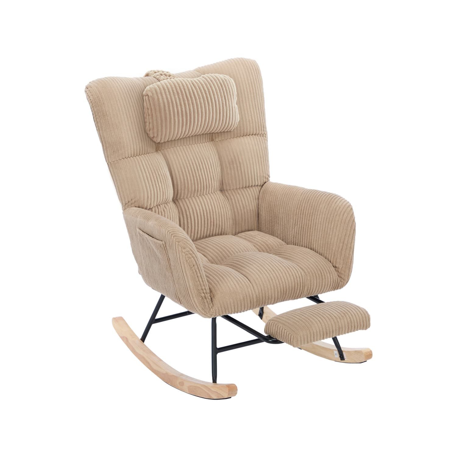 ANYSUN Schaukelstuhl Relaxsessel mit Fußstütze,Nackenkissen,hoher Rückenlehne,Cord,Braun (1 St), Gepolsterter Loungesessel mit Seitentasche,Armlehne, Massivholzbeine