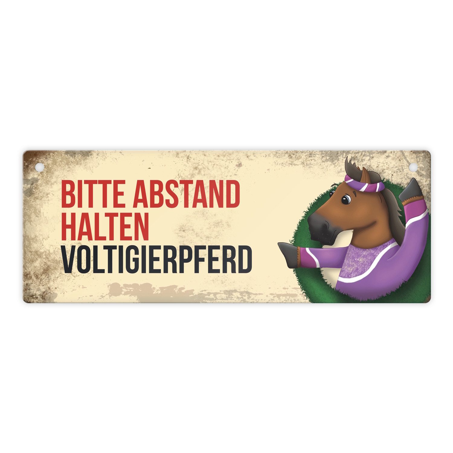 Metallschild Metallschild mit braunem Voltigierpferd Motiv und Spruch: Bitte