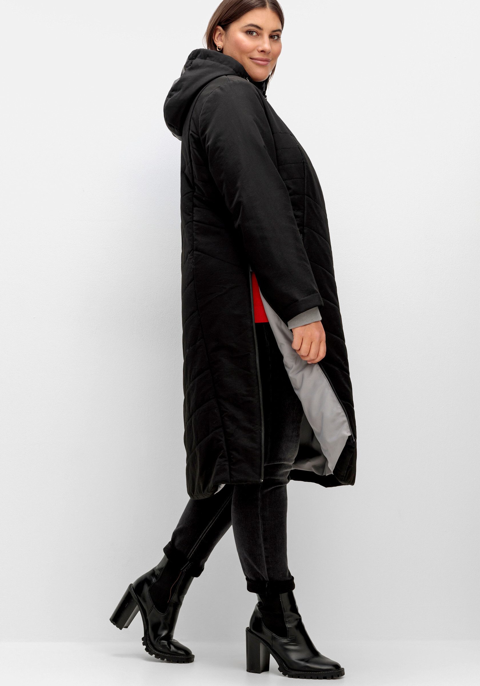 Sheego Langmantel Steppmantel . mit abzippbarer Kapuze und Kontrastdetails günstig online kaufen