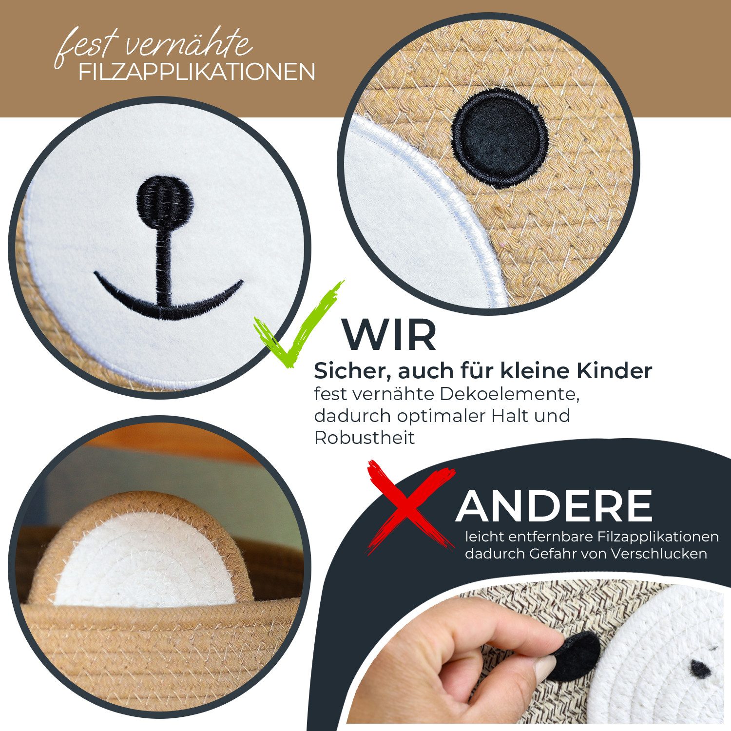 HMF Aufbewahrungskorb Aufbewahrungskorb mit versteckten Griffen, Korb für Kinderzimmer aus Baumwolle, Bär, Honig – Bild 4 von 5