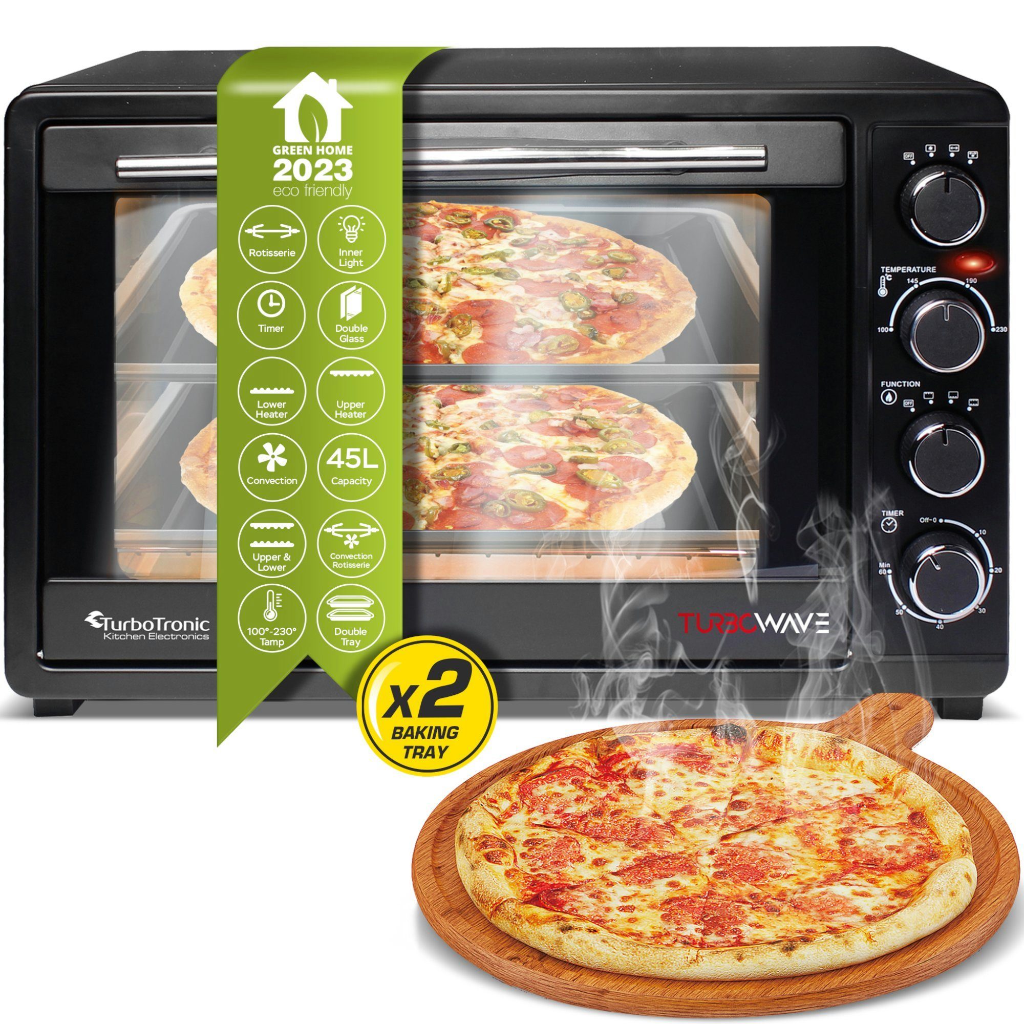 TurboTronic by Z-Line Minibackofen 45 Liter inkl. Drehspieß, Grillrost & 2x Backblech 2000W Elektroofen, Pizzaofen 80-230°C Tischbackofen, Camping, Grillofen, XXL Zubehör