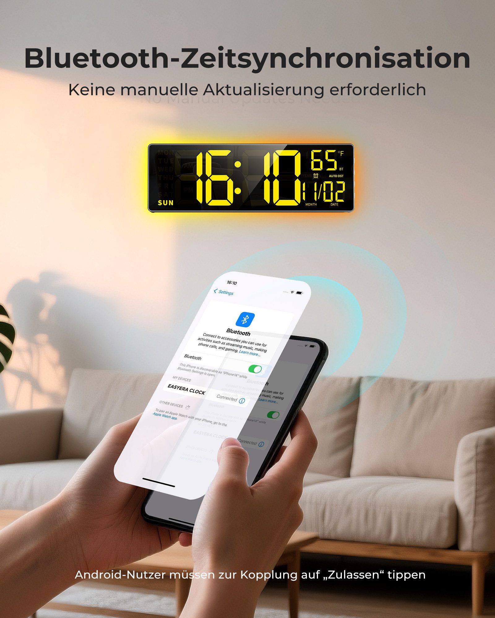 EASYERA Wanduhr 16,5 Zoll RGB Digitale Wanduhr Extra großes LED-Display mit Bluetooth (11 RGB-Modi, Fernbedienung, Dual-Alarm, Auto DST)