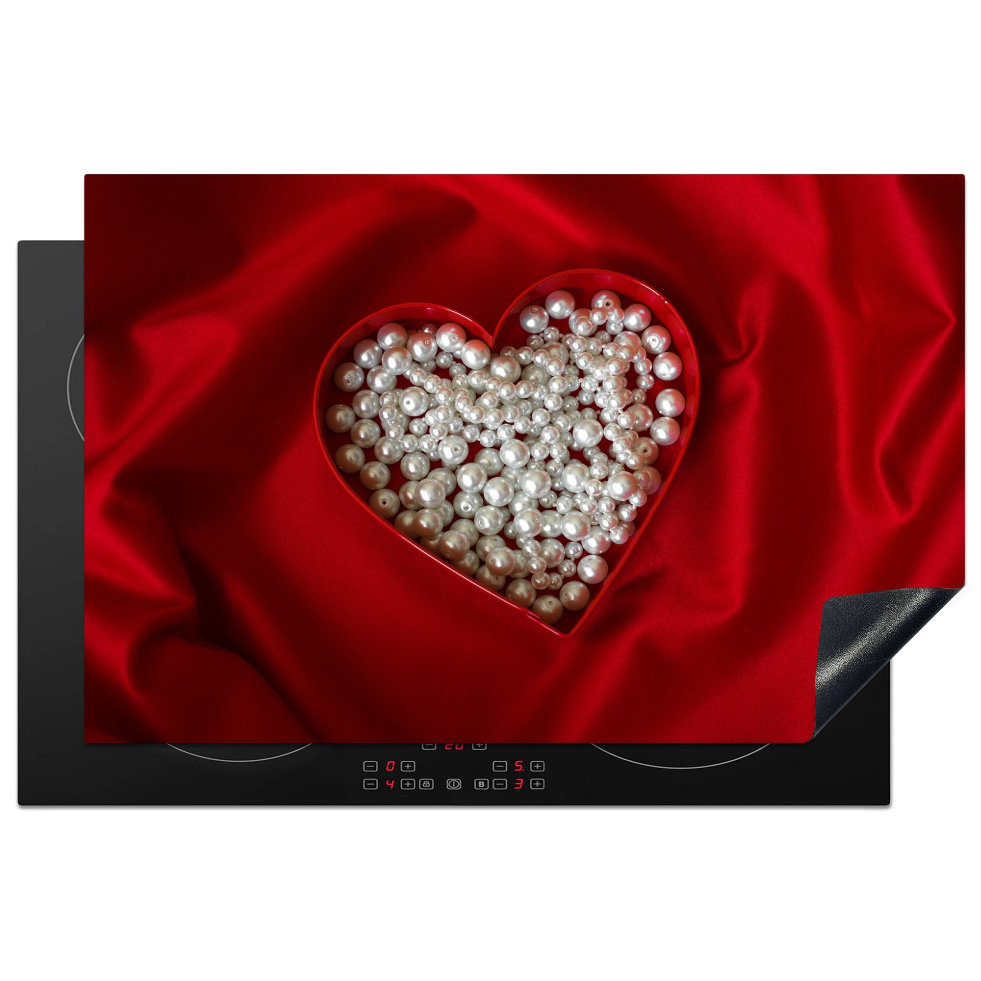 MuchoWow Herdblende-/Abdeckplatte Perlen in Herzform auf Seidenhintergrund, Vinyl, (1 tlg), 81x52 cm, Induktionskochfeld Schutz für die küche, Ceranfeldabdeckung