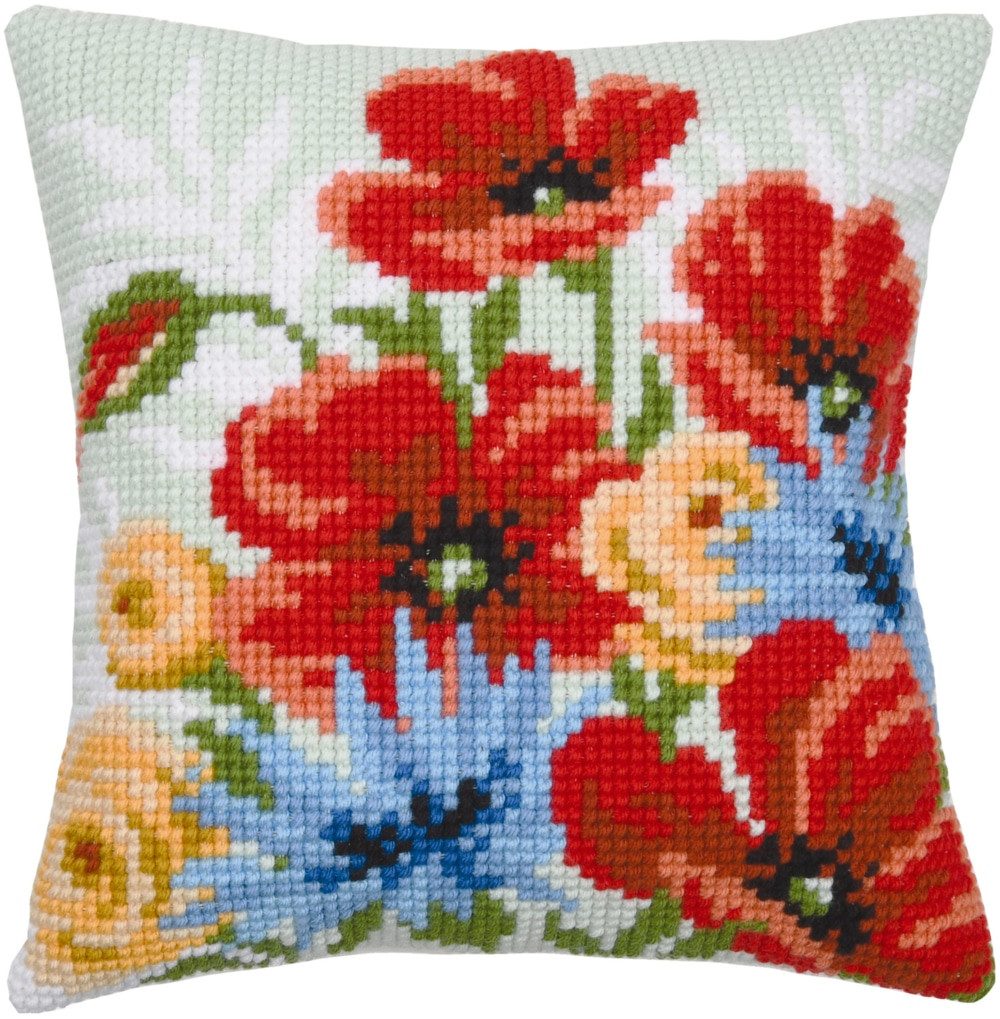 Vervaco Kreativset Vervaco gestempeld kruissteekpakket kussen "Poppy bouquet II", 40x40cm, (embroidery kit by Marussia)