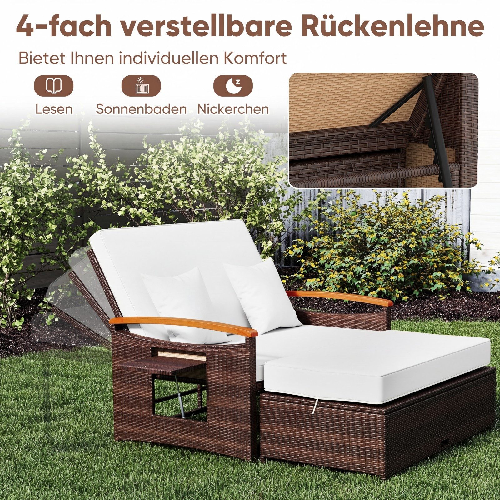 KOMFOTTEU Gartenliege 3 in1 Rattan Sofabett Doppelliege, mit ausziehbarer Seitenablage & Hocker