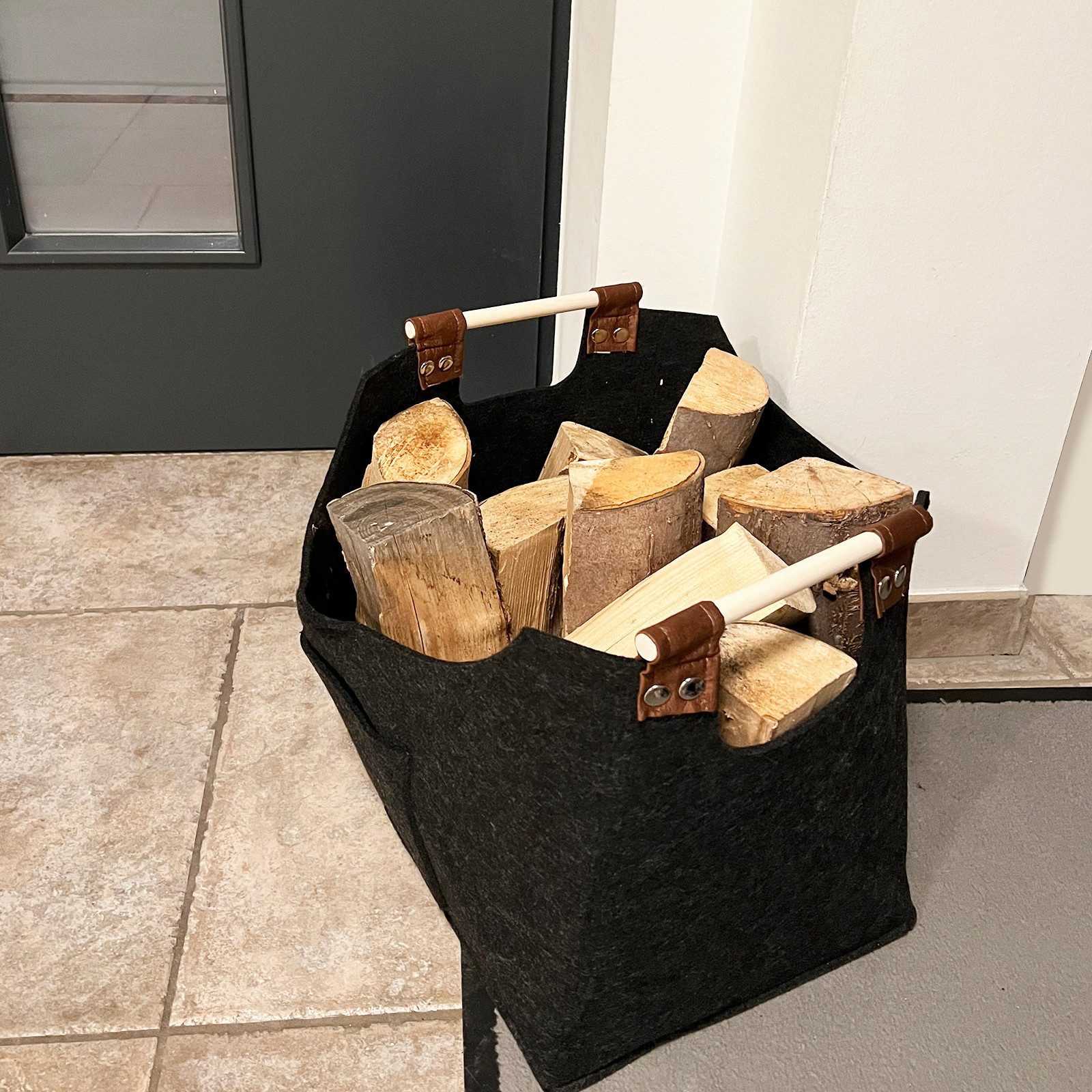 Karat Allzweckkorb Filztasche Vesta, Verstärkter Holzgriff, Faltbar, Kaminholztasche, Einkaufstasche – Bild 4 von 5