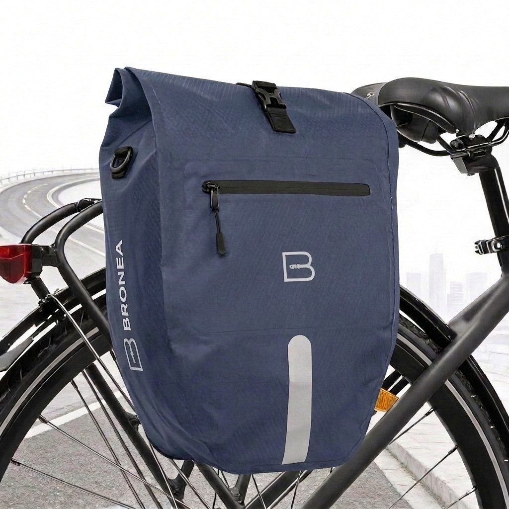 Bronea Fahrradtasche 2in1 Gepäckträgertasche Fahrrad XXL 28 Ltr - Verstärkt - Abnehmbar (Fahrradtasche für Gepäckträger hinten, Wasserdicht & Reflektierend - Laptoptasche), Innovatives verstellbares Click System für alle Gepäckträger