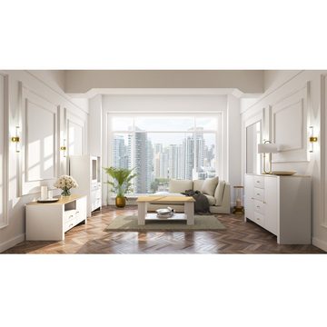MOEBLO Kommode GAWIN 2D4S 06 (Sideboard Wohnzimmer Schlafzimmer Highboard Kommode mit goldenen Griffen, Komodenschrank, Weiß matt + Eiche Hickory + Gold), (BxHxT):160x92x42cm