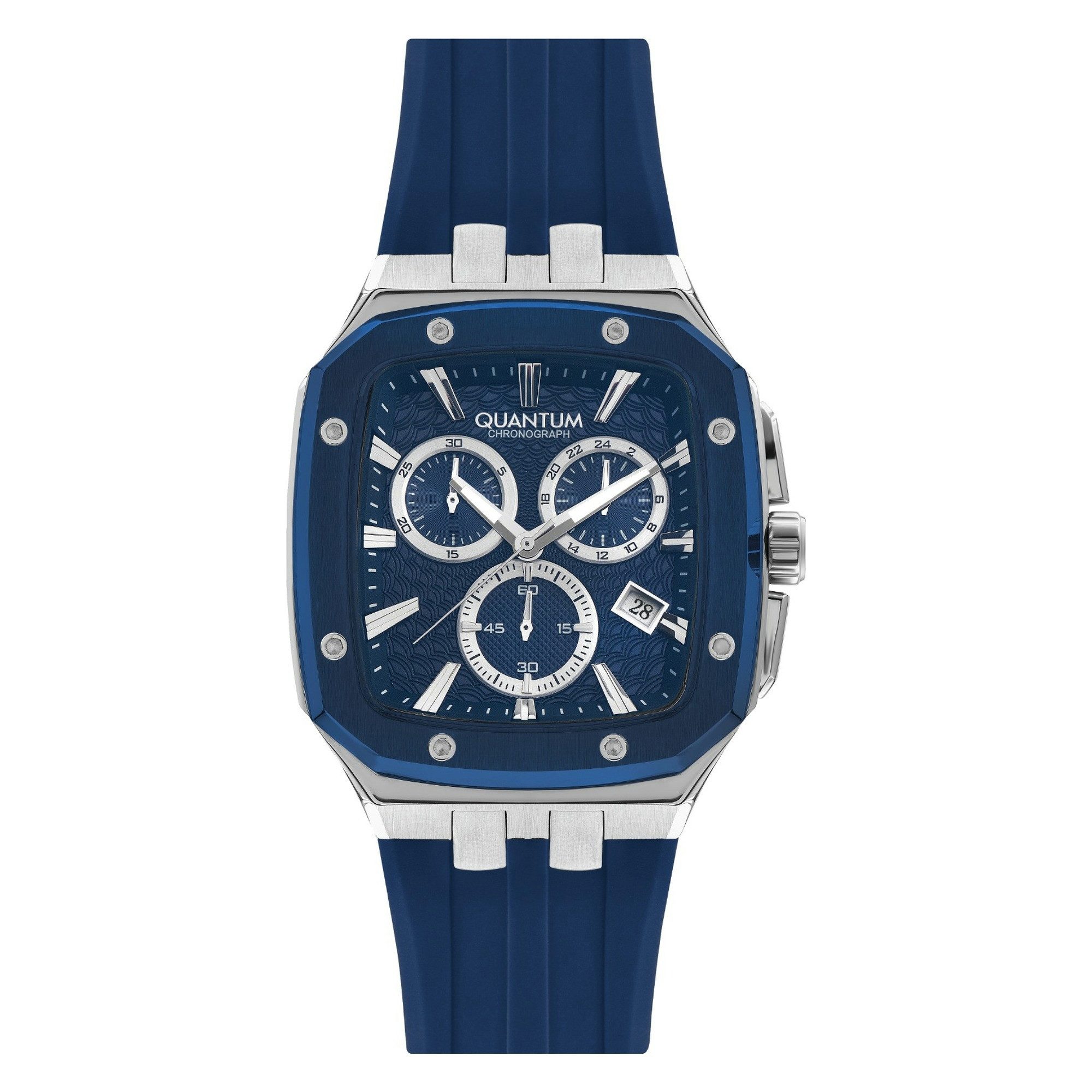 QUANTUM Chronograph Herrenuhr Silikonarmband, 44 mm, Herren Armbanduhr, 10 ATM wasserdicht dunkelblaues Zifferblatt, silber-blau – HNG1033.399, (1-tlg), Datum, Kristallglas, inkl. Geschenkbox