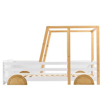 SOFTWEARY Kinderbett Autobett mit Rollrost (90x200 cm), Einzelbett mit Rausfallschutz, Kiefer