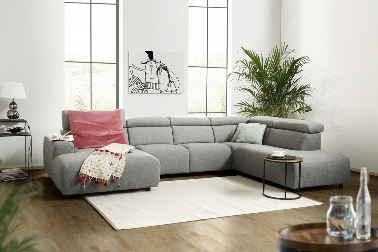 KAWOLA Wohnlandschaft RISO, Sofa U-Form Stoff grau Longchair rechts od. links | Wohnlandschaften
