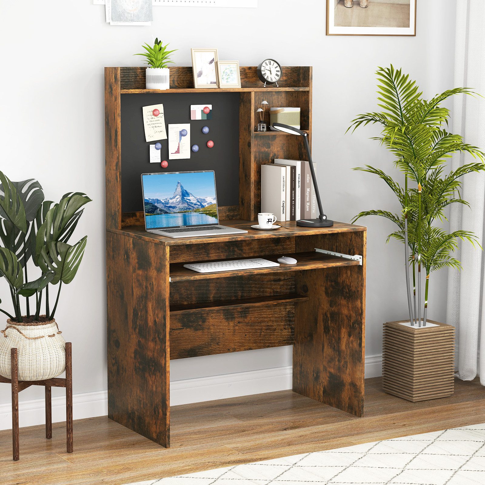COSTWAY Schreibtisch, mit magnetischer Pinnwand & Aufsatz 89x50x138cm weiß