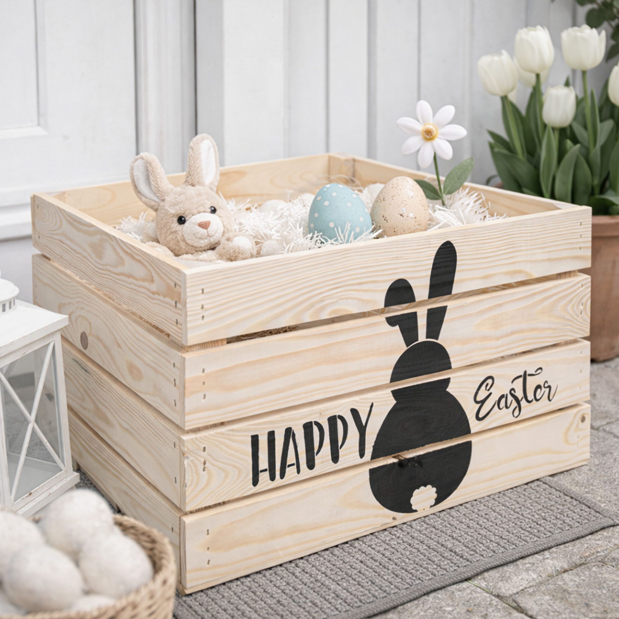Kistenkolli Altes Land Allzweckkiste Holzkiste Natur mit Ostermotiv Happy Easter (Hase) 50 x 40 x 30 cm