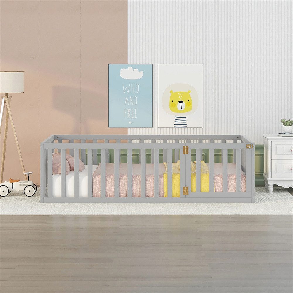 XDeer Babybett Kinderbett 90 x 200, Holzboden Bettrahmen mit Zaun und Tür, Grau