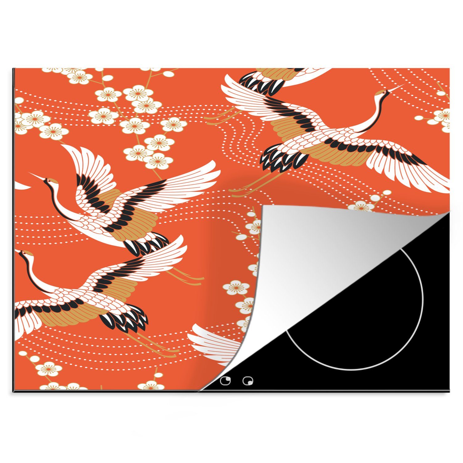 MuchoWow Herdblende-/Abdeckplatte Kranich - Sakura - Muster - Japanisch, Vinyl, (1 tlg), 60x52 cm, Mobile Arbeitsfläche nutzbar, Ceranfeldabdeckung | Herdabdeckplatten