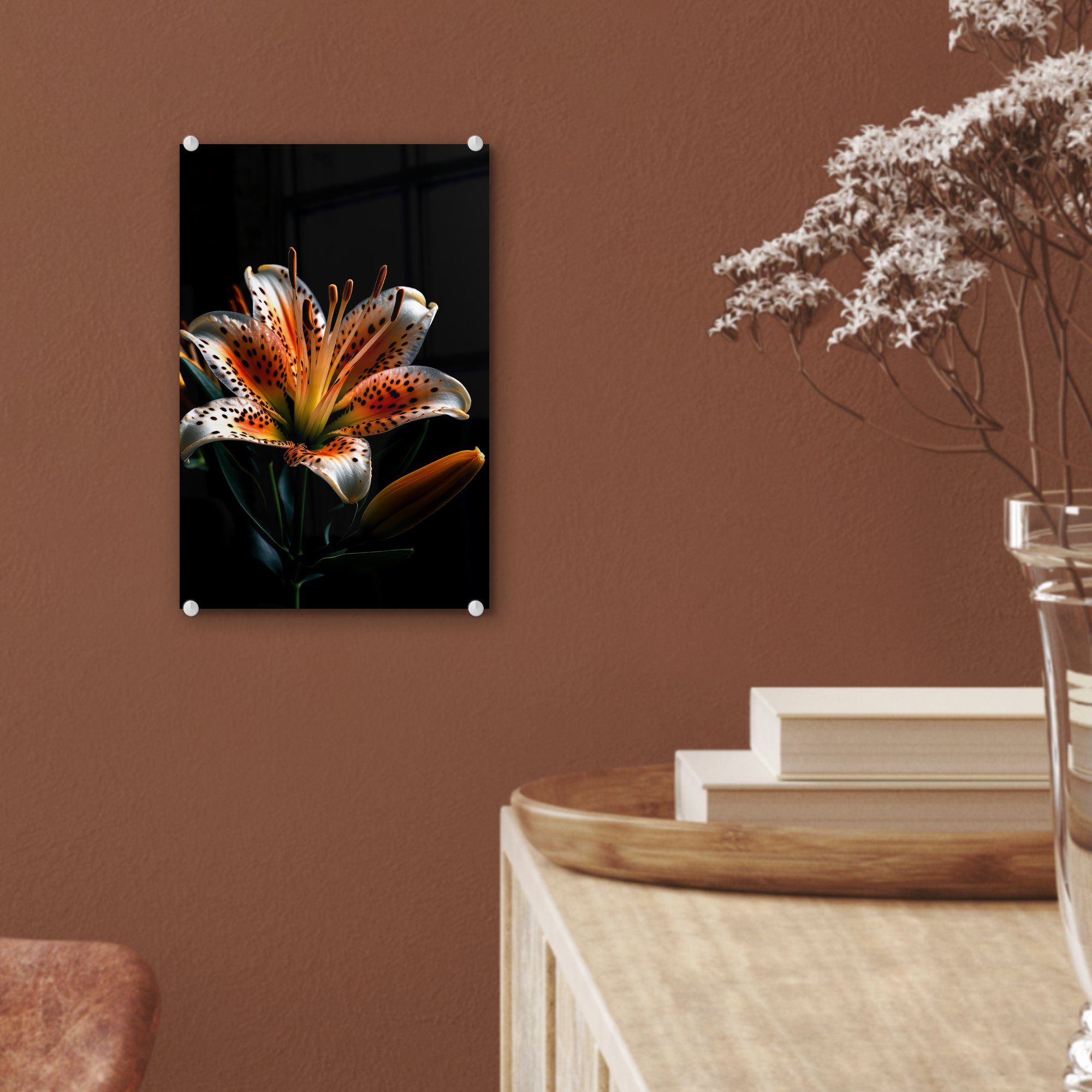 - - Bilder - Wandbild - Glas (1 Schwarz, - auf Orange Acrylglasbild Wanddekoration Glasbilder Porträt St), Blumen Lilie - Foto - Glas MuchoWow auf