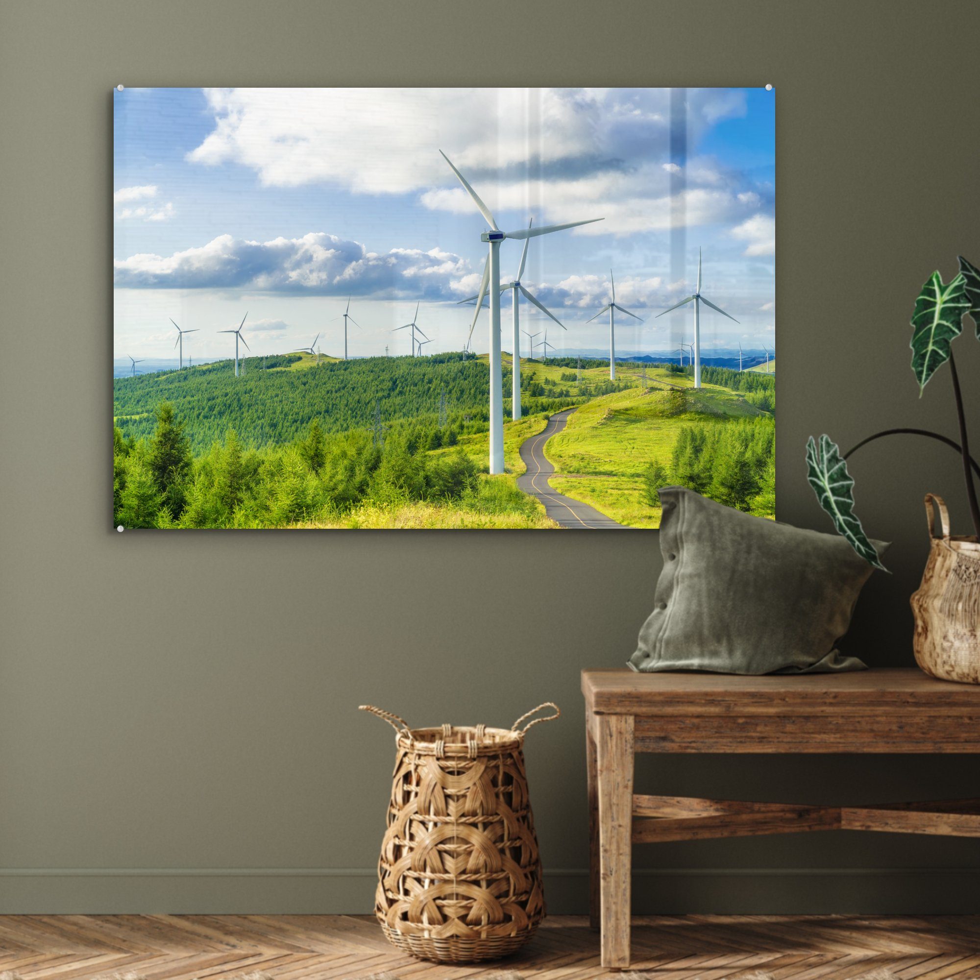 MuchoWow Acrylglasbild Natur, Feld grüner St), Windmühlen Wohnzimmer & Schlafzimmer Ein (1 Acrylglasbilder von in