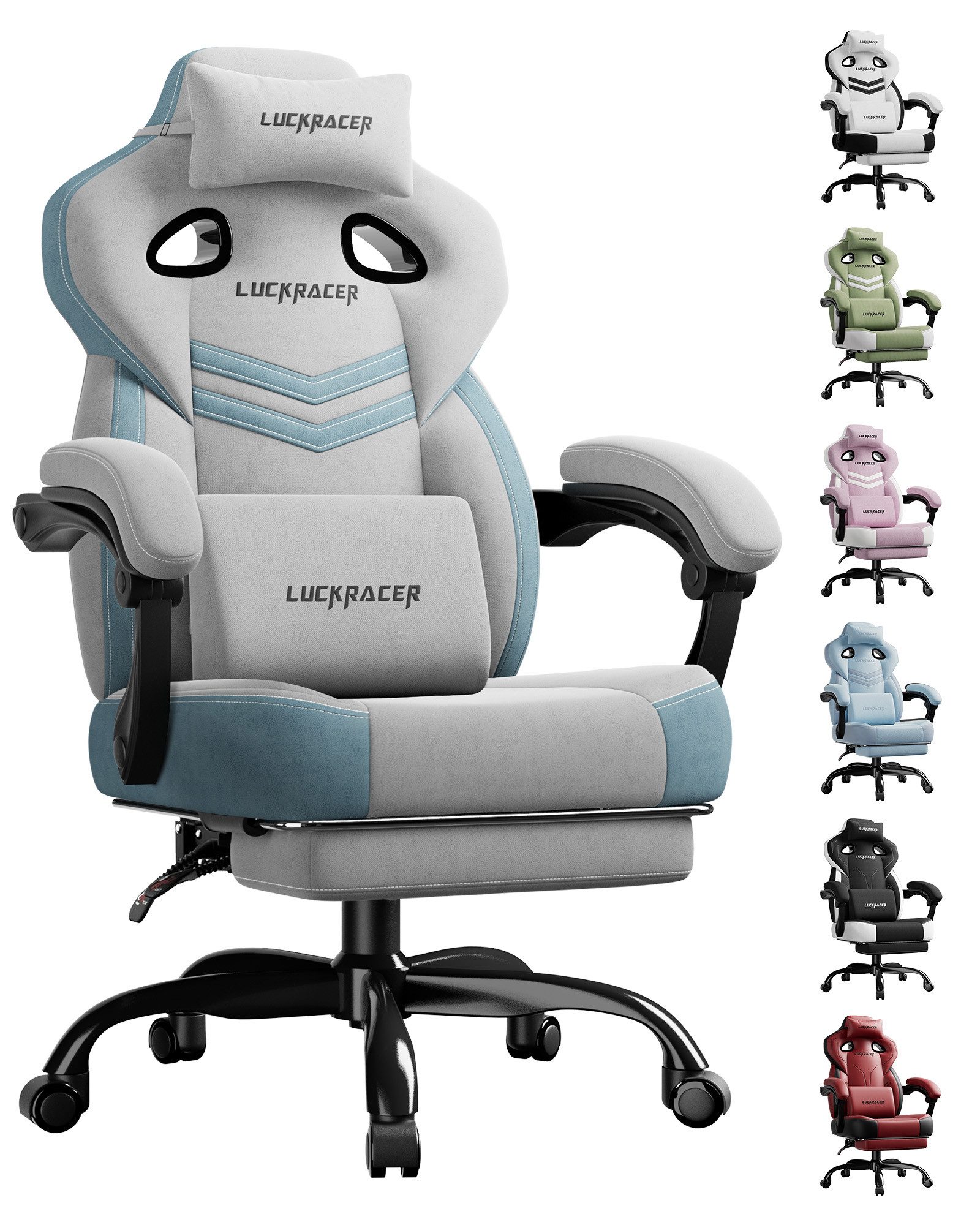 LUCKRACER Gaming-Stuhl Stoff/Kunstleder, Bürostuhl mit verbundenen Armlehnen, Memory-Schaum, 90–155° Neigungswinkel und Fußstütze