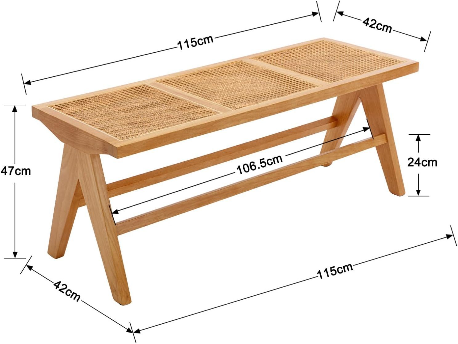 CHAIRUS Sitzbank Rattan Holz Esszimmerbank Eingangsbank, 115x42x47cm (1-St), mit Massivholzbeinen für Esszimmer, Balkon oder Flur