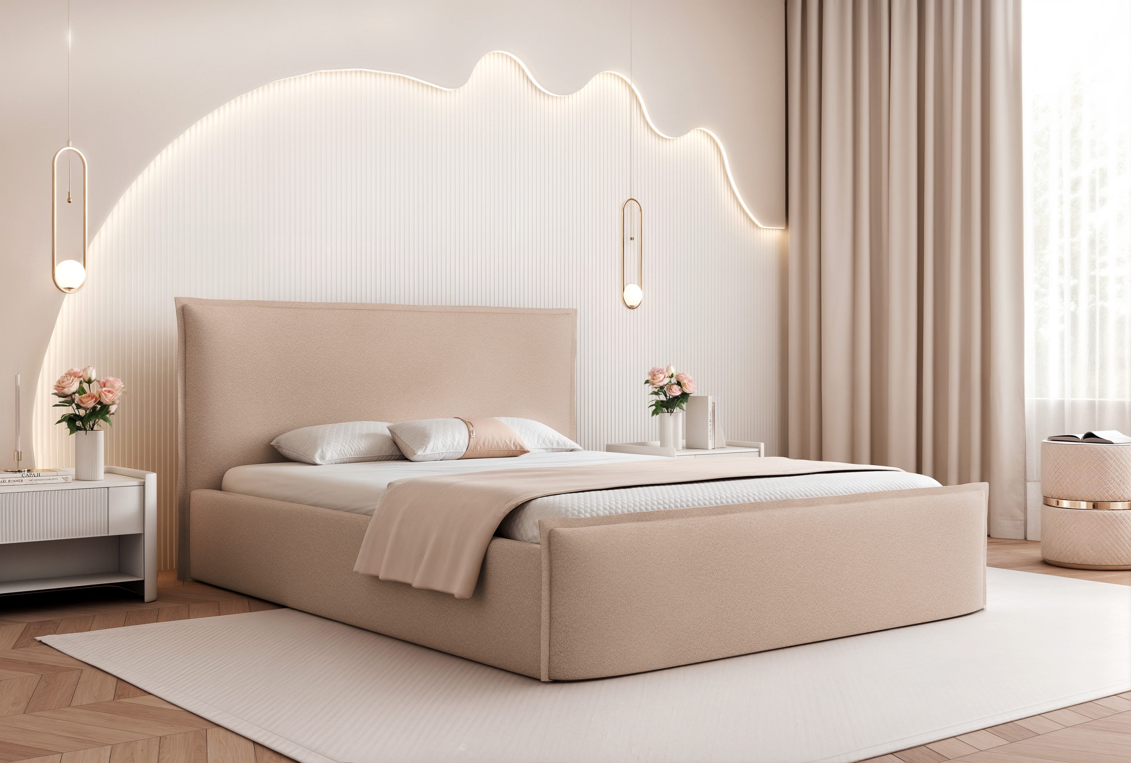 Goldstoff Polsterbett Bettgestell "SERENO" mit großem Stauraum & modernem eleganten Design (120–200x200 cm, Kopfteilhöhe 70/110 cm, Seitenhöhe: 30 cm), Bettgestell mit integriertem Stauraum & hochwertiger Verarbeitung