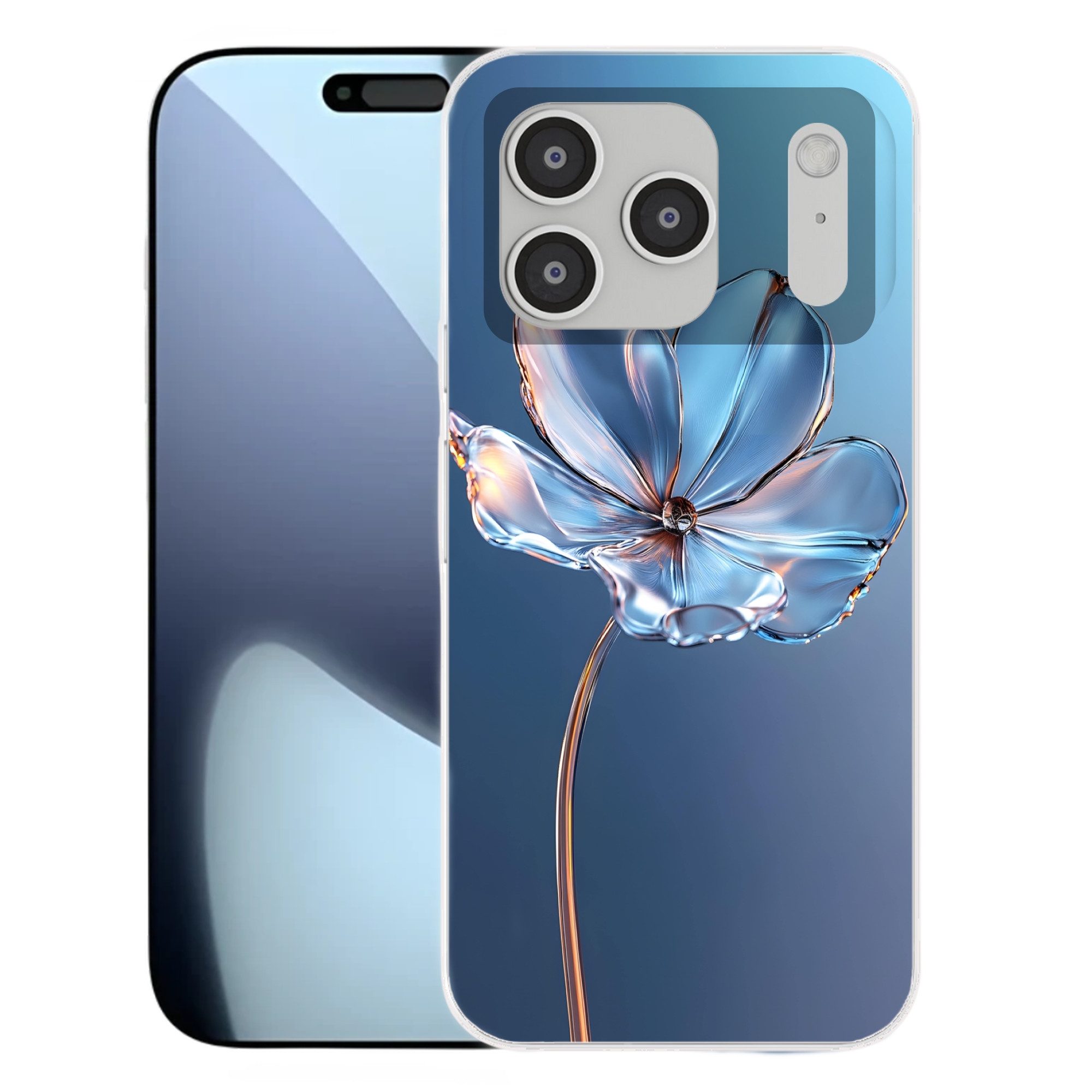 MuchoWow Handyhülle für Apple iPhone 17 Pro Blau - Blume - Gläser - Verziert, Smartphone-Bumper, Print, Handy Schutzhülle Dünn