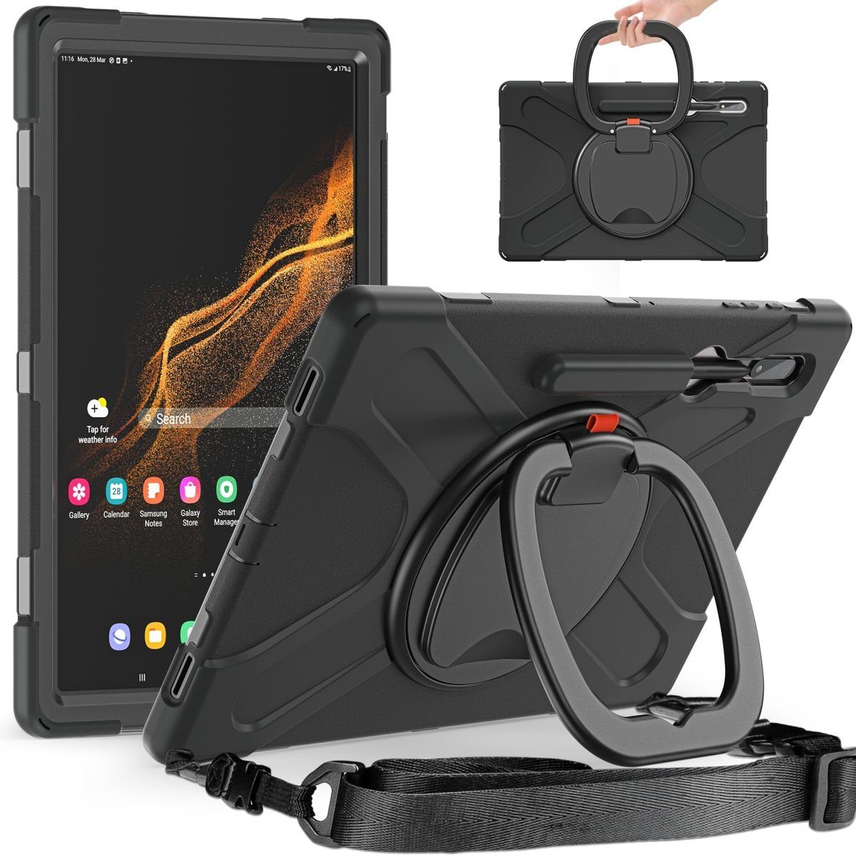Wigento TabletHülle Für Samsung Galaxy Tab S9 S8 Ultra Outdoor Hybrid Schwarz 360 Grad