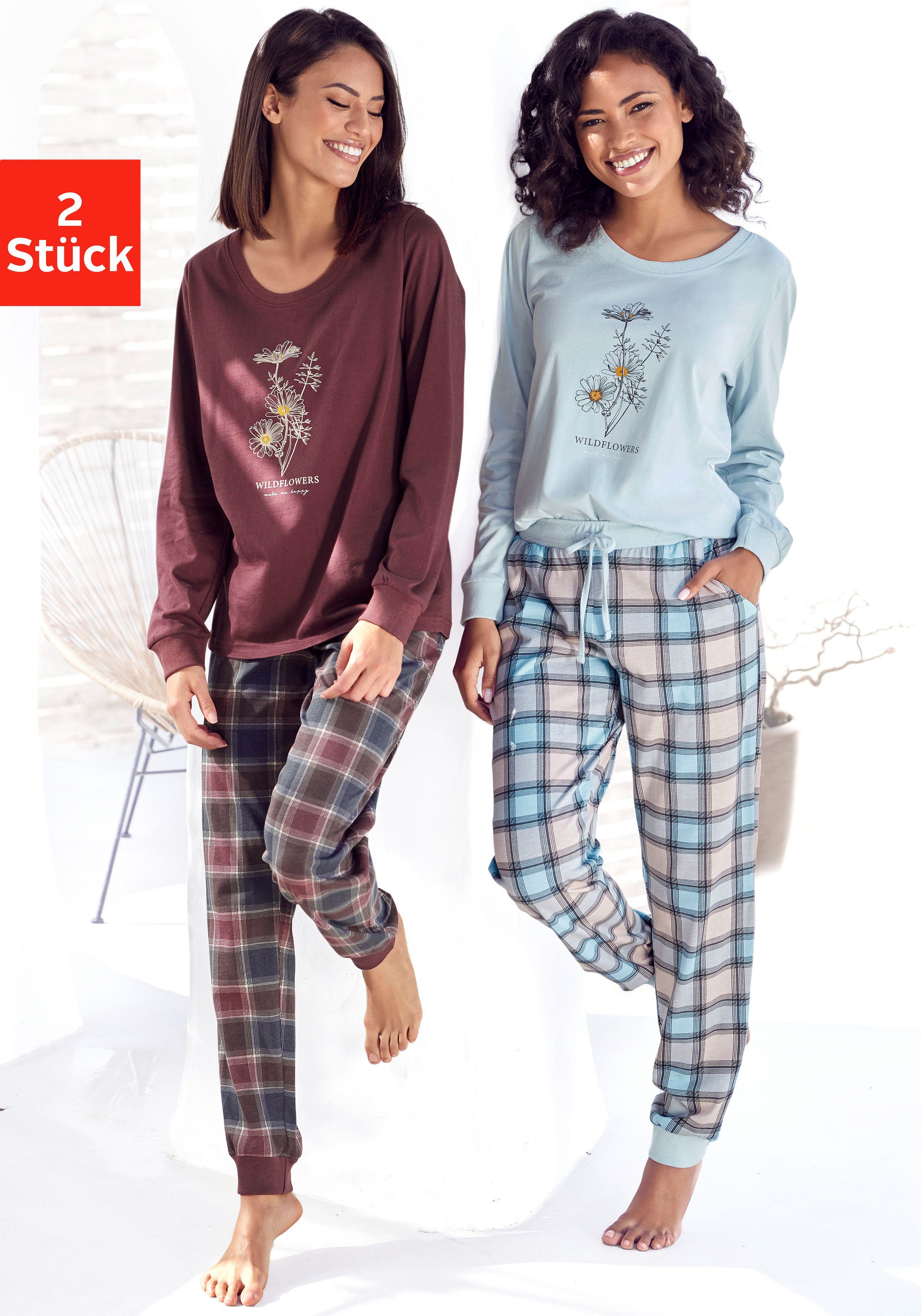 Vivance Dreams Pyjama (Packung, 2 4 Stück) Frontdruck tlg., bordeaux-kariert, kariert-hellblau mit