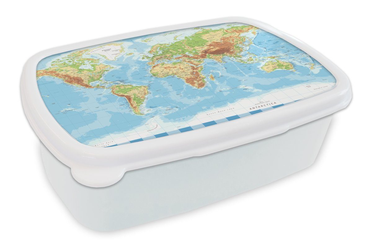 MuchoWow Lunchbox Weltkarte - Atlas - Topographie, Kunststoff, (2-tlg), Brotbox für Kinder und Erwachsene, Brotdose, für Jungs und Mädchen weiß